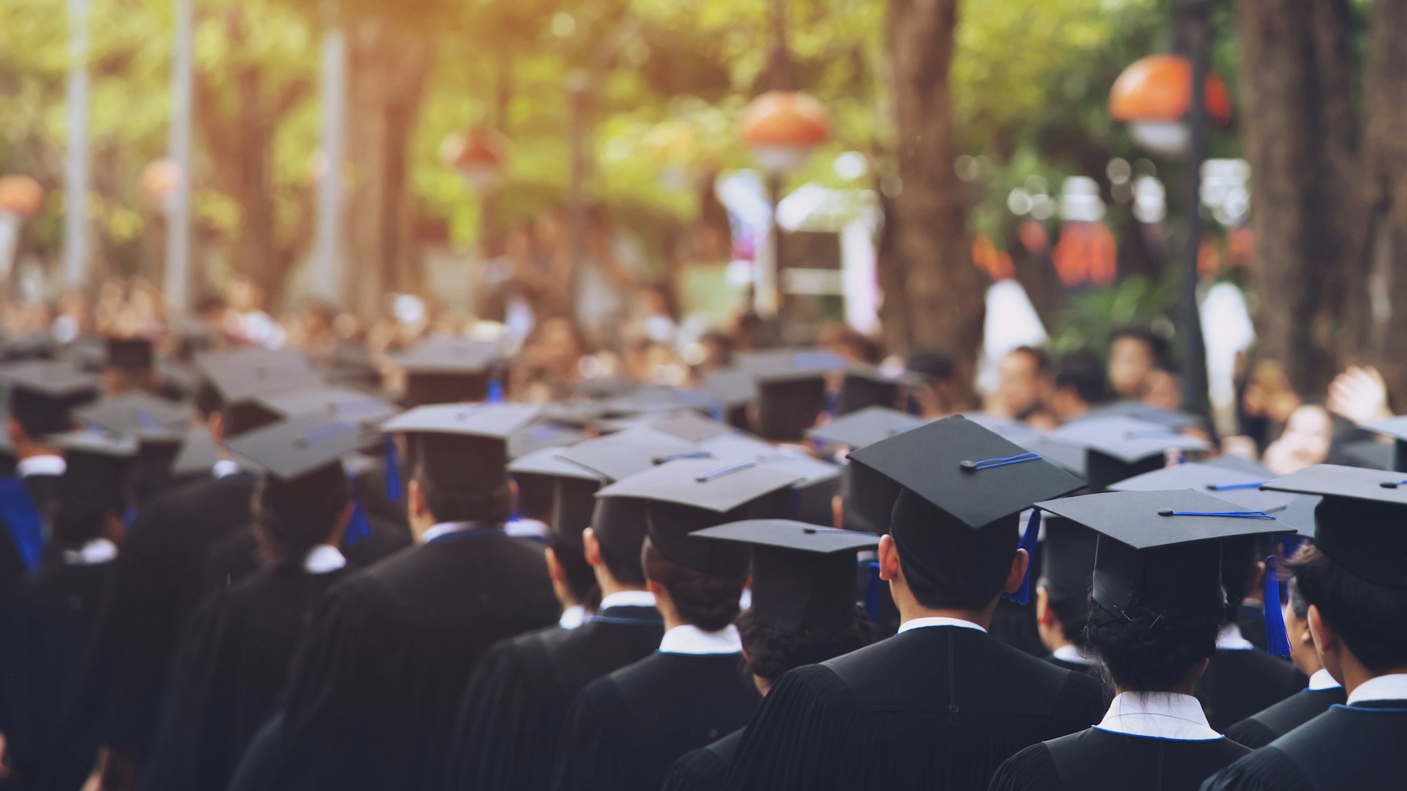 Rear View Of Students Wearing Mortarboard Standing Outdoors - stock photo