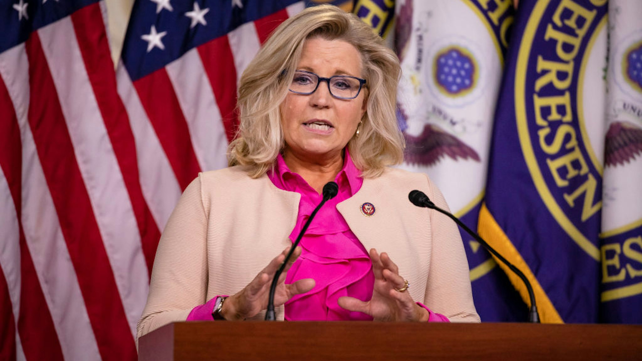 WASHINGTON, DC - JULY 21: U.S. Rep. Liz Cheney (R-WY) speaks during a news conference with other Republican members of the House of Representatives at the Capitol on July 21, 2020 in Washington, DC. (Photo by Samuel Corum/Getty Images)