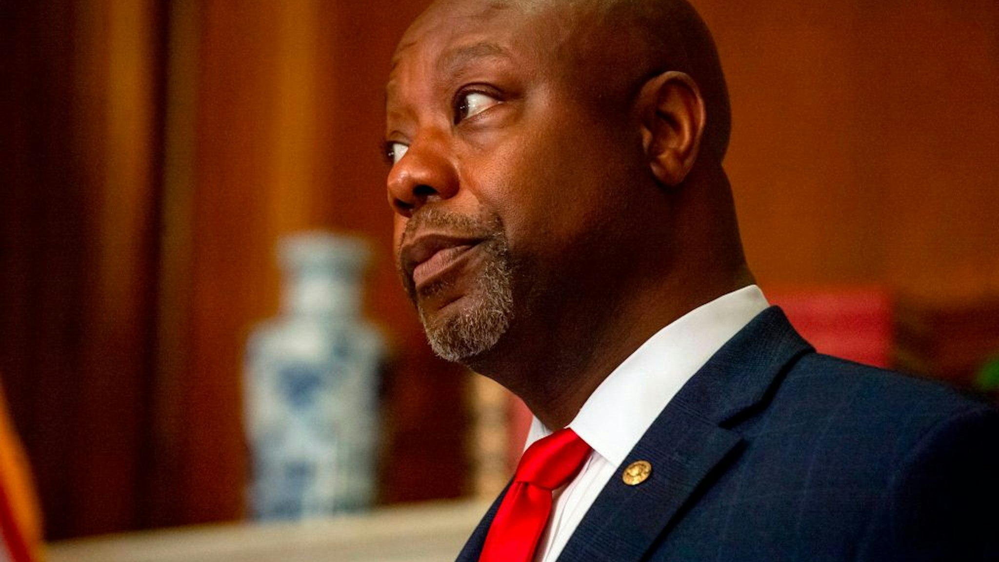 Sen. Tim Scott (R-SC) is seen as he participates in a photo op with President Donald Trumps Supreme Court nominee Judge Amy Coney Barrett prior to their meeting in the US Capitol on September 30, 2020, in Washington, DC.