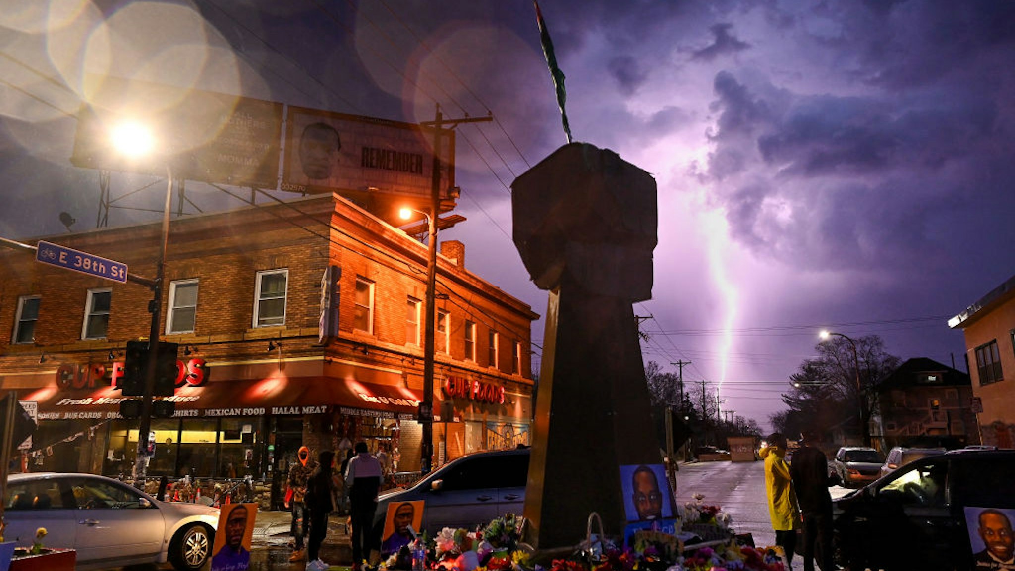 MINNEAPOLIS, MN - APRIL 6: Lighting strikes near the intersection of Chicago Avenue and 38th Street, also know as George Floyd Square on April 6, 2021 in Minneapolis, Minnesota.