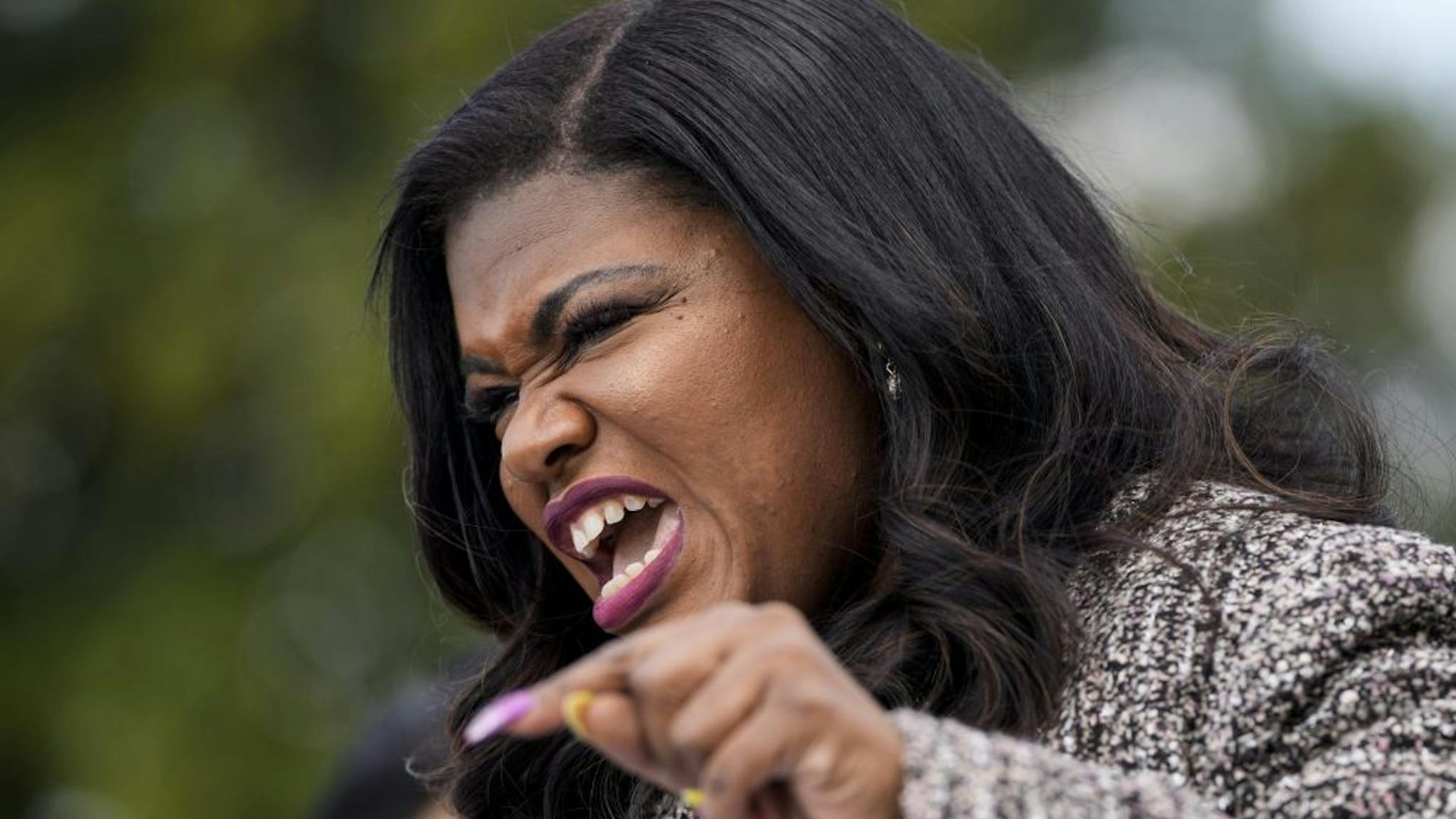 Cori Bush WASHINGTON, DC - APRIL 22: Rep. Cori Bush (D-MO) speaks during a news conference to advocate for ending the Senate filibuster, outside the U.S. Capitol on April 22, 2021 in Washington, DC. With the Senate filibuster rules in place, legislative bills require 60 votes to end debate and advance, rather than a simple majority in the 100 member Senate.