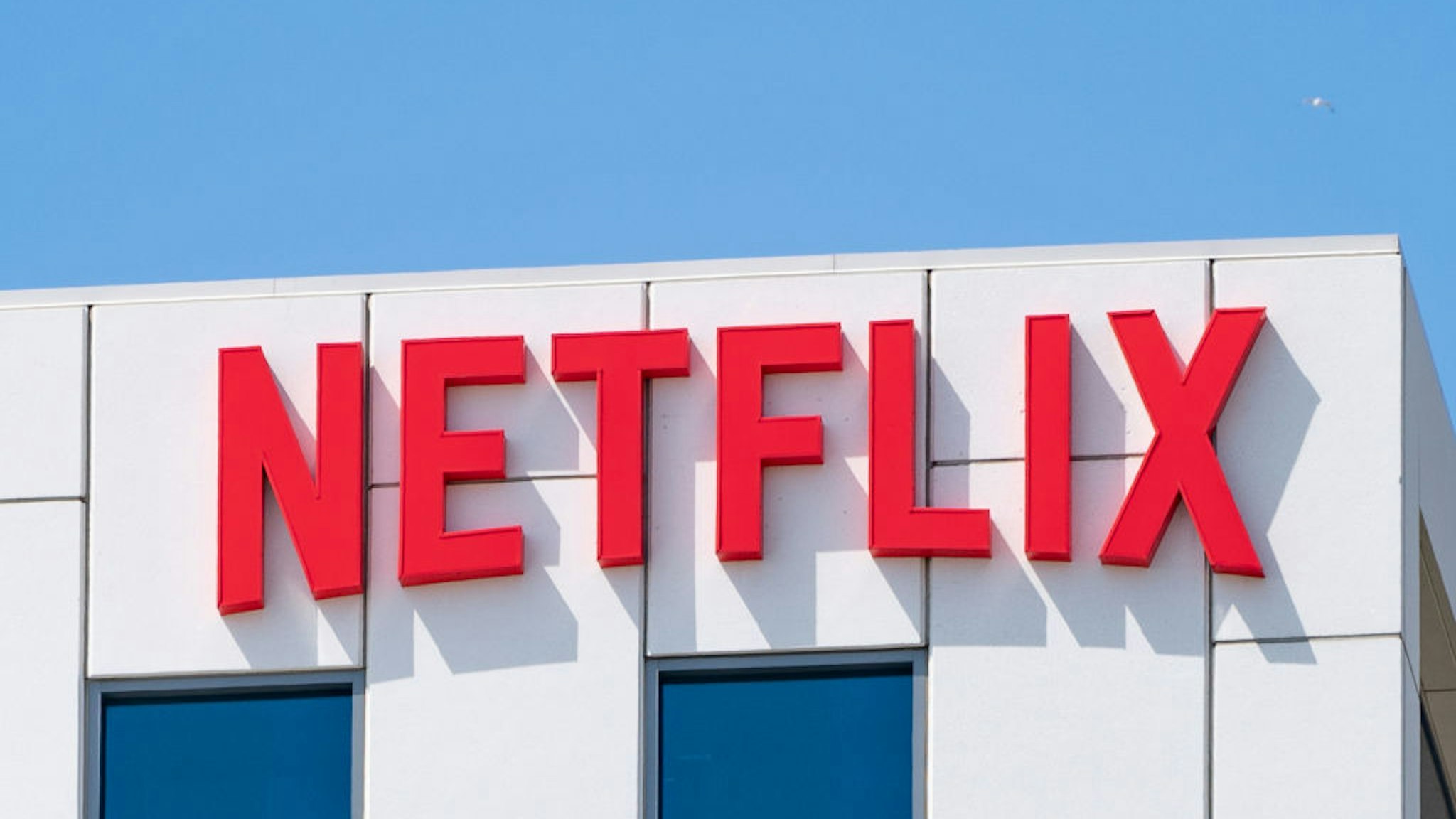 General views of the Netflix corporate office buildings on Sunset Blvd on May 06, 2021 in Hollywood, California.
