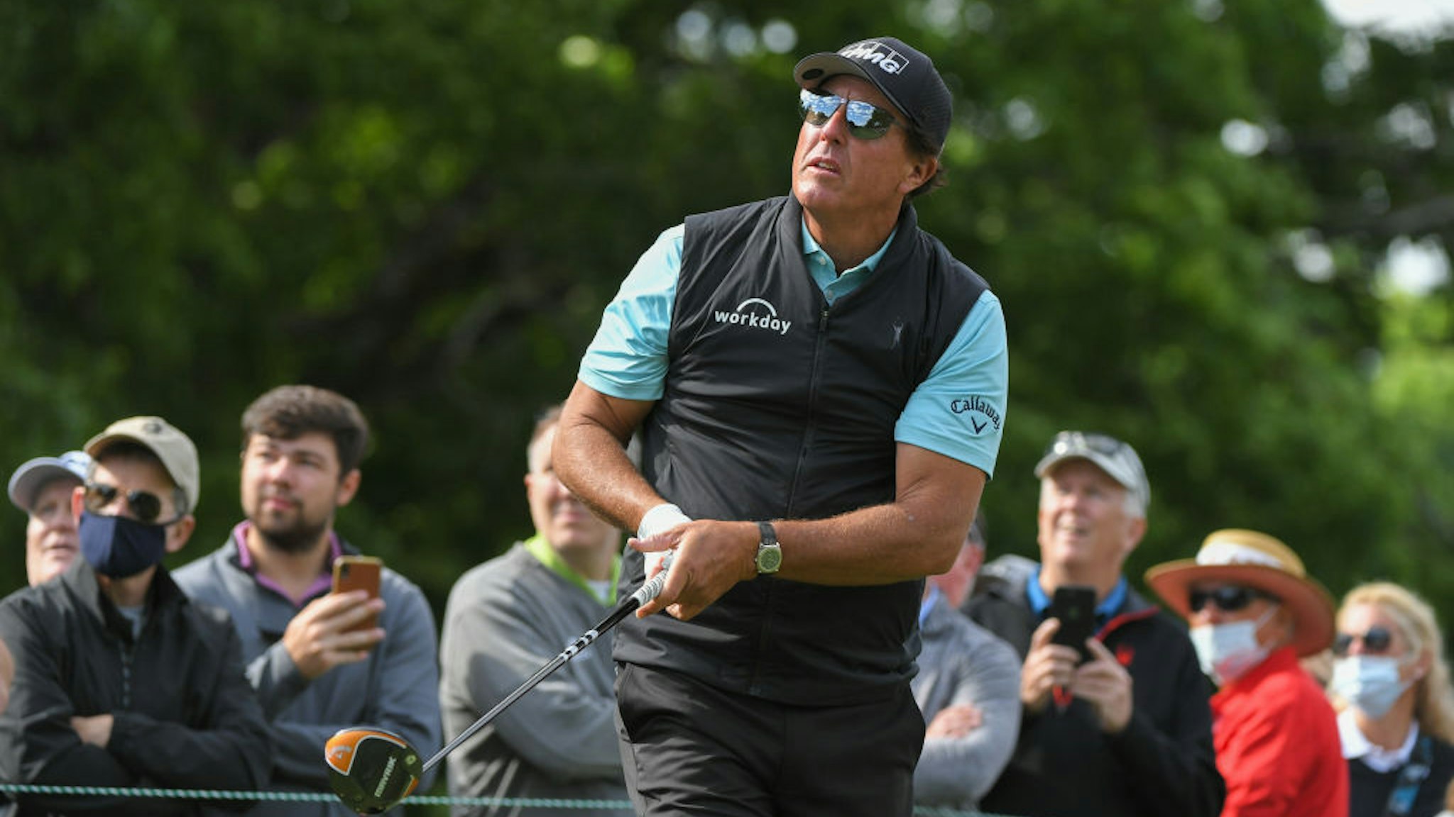 CHARLOTTE, NC - MAY 07: Phil Mickelson plays a tee shot on the ninth hole during the second round of the Wells Fargo Championship at Quail Hollow Club on May 7, 2021 in Charlotte, North Carolina. (Photo by Ben Jared/PGA TOUR via Getty Images)