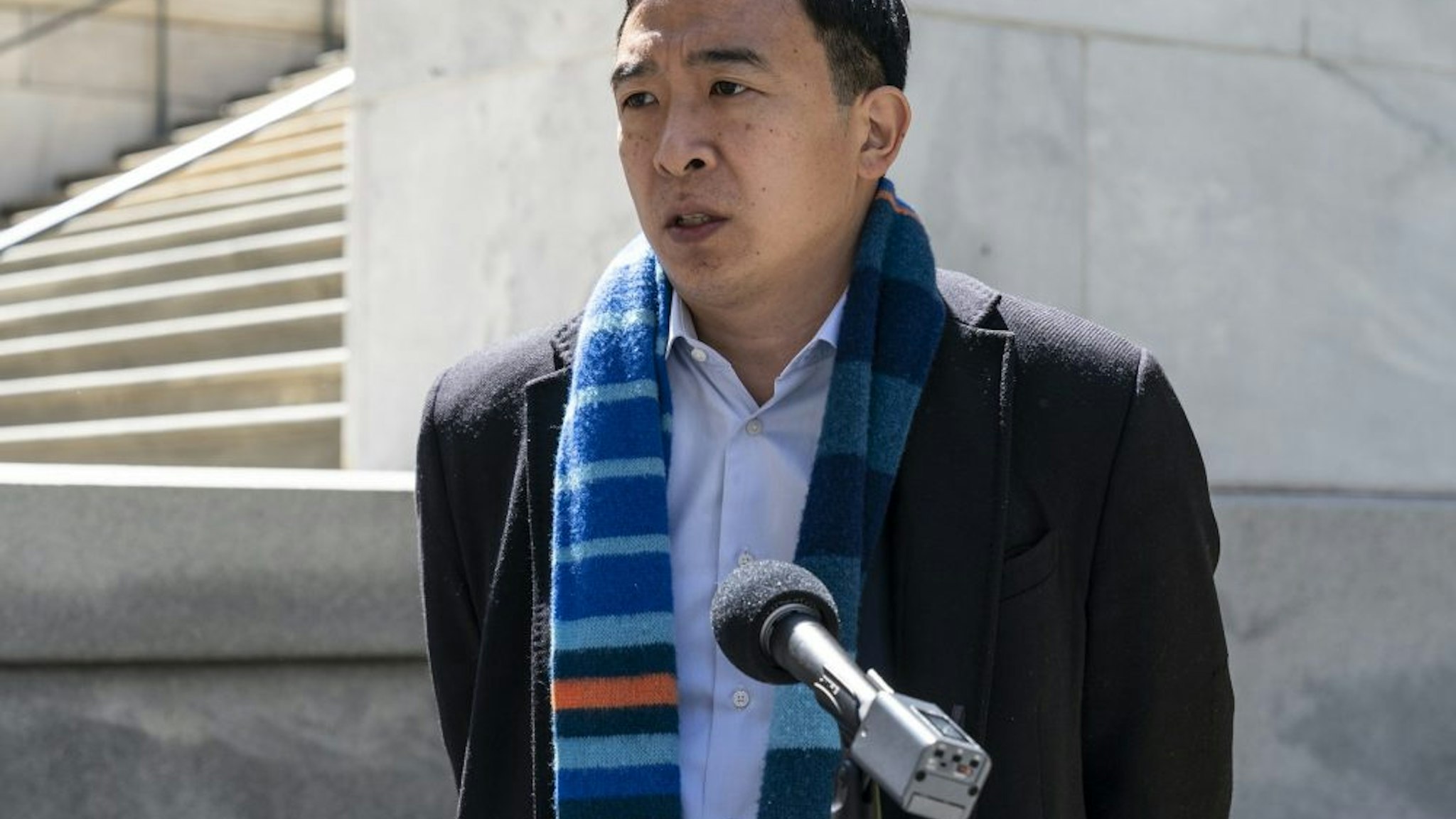 NEW YORK, UNITED STATES - 2021/05/11: Mayoral candidate Andrew Yang holds press conference outside of Tweed Courthouse where the Department of Education is located to demand opening of schools in September for full-time, in-person, with teachers in the classroom for all students.