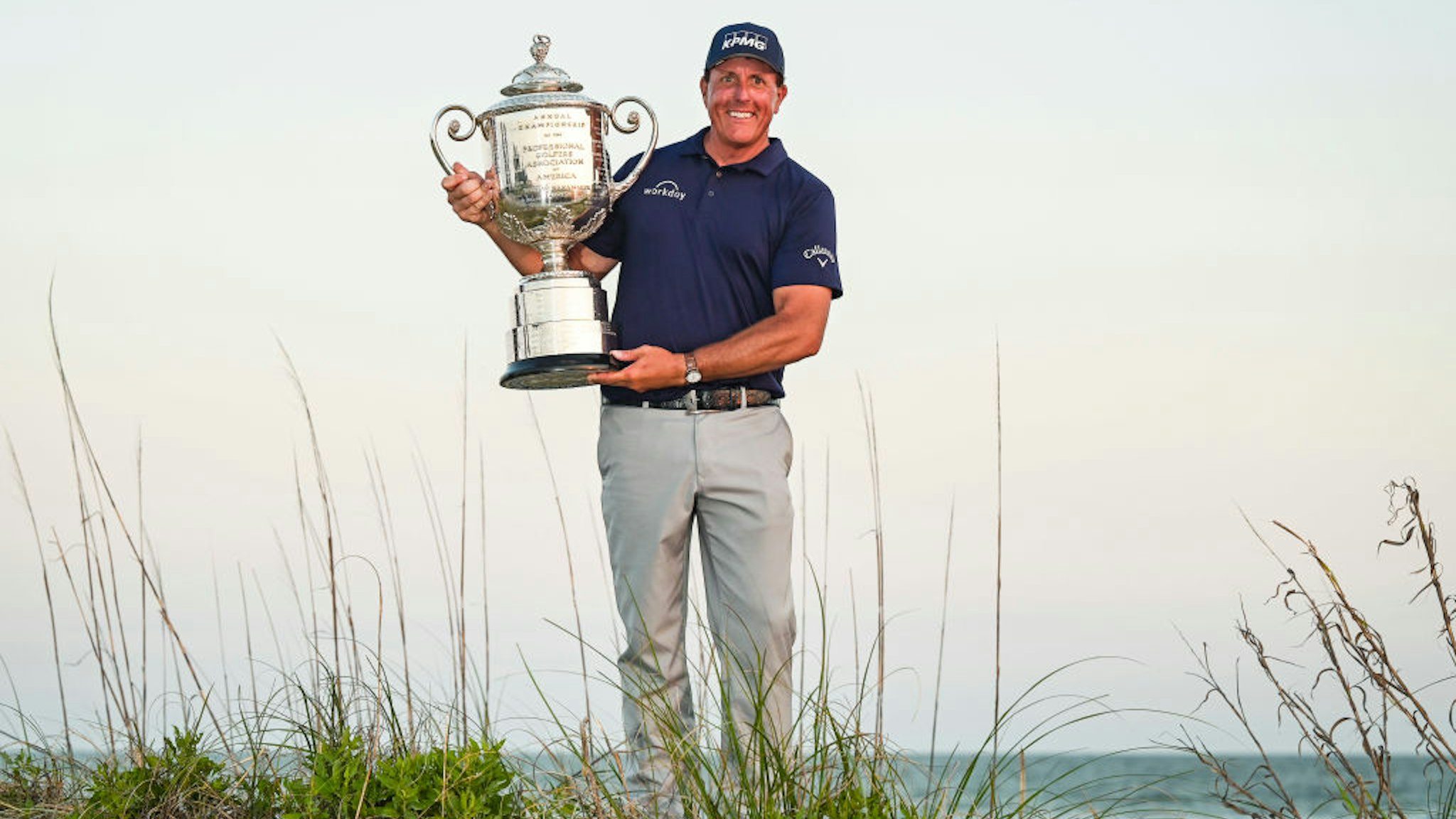 KIAWAH ISLAND, SC - MAY 23: Phil Mickelson smiles with the Wanamaker Trophy after his two stroke victory in the final round of the PGA Championship on The Ocean Course at Kiawah Island Golf Resort on May 23, 2021, in Kiawah Island, South Carolina. (Photo by Keyur Khamar/PGA TOUR via Getty Images)