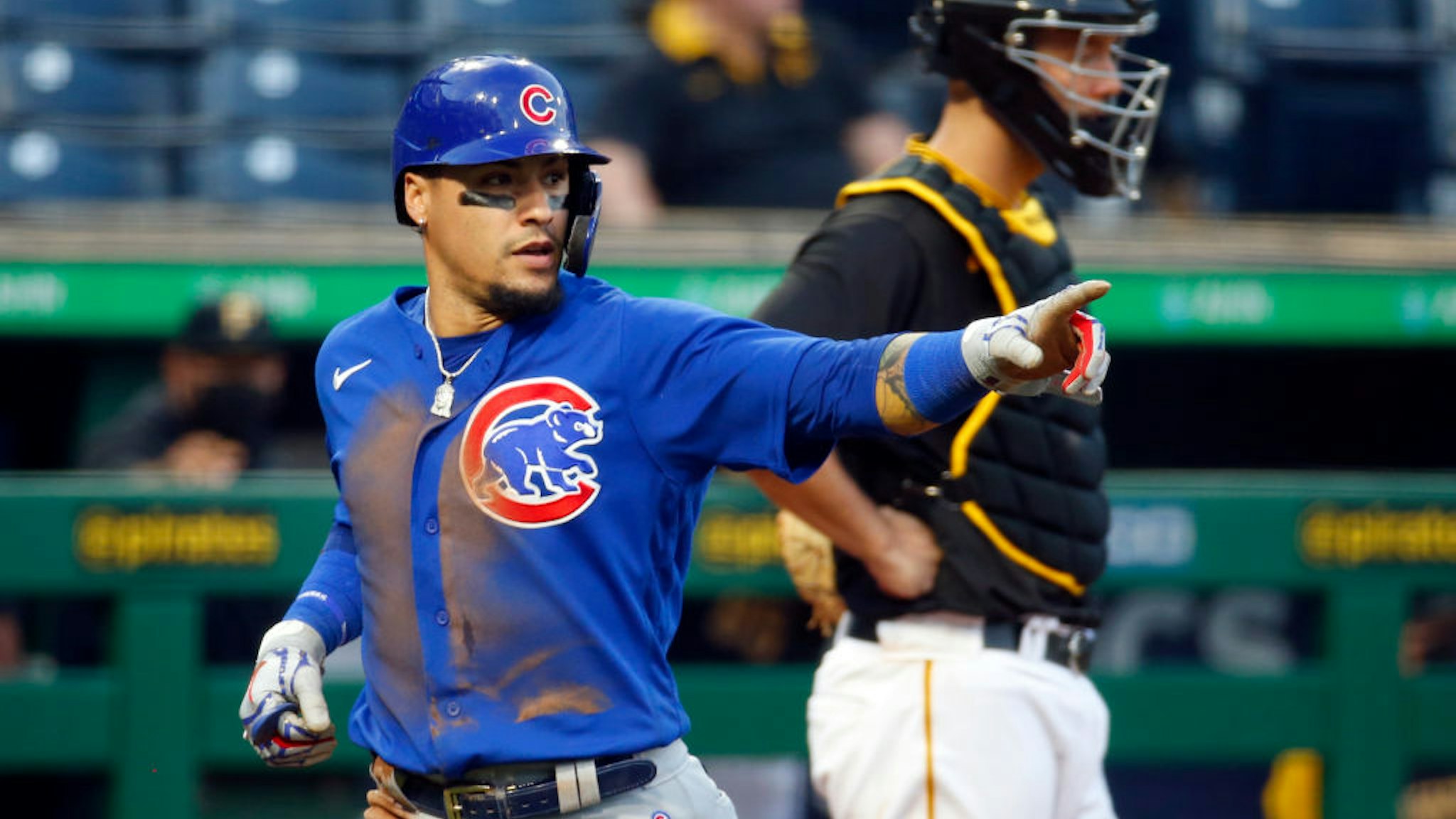 PITTSBURGH, PA - MAY 25: Javier Baez #9 of the Chicago Cubs celebrates after scoring on a RBI single in the fifth inning against the Pittsburgh Pirates at PNC Park on May 25, 2021 in Pittsburgh, Pennsylvania. (Photo by Justin K. Aller/Getty Images)