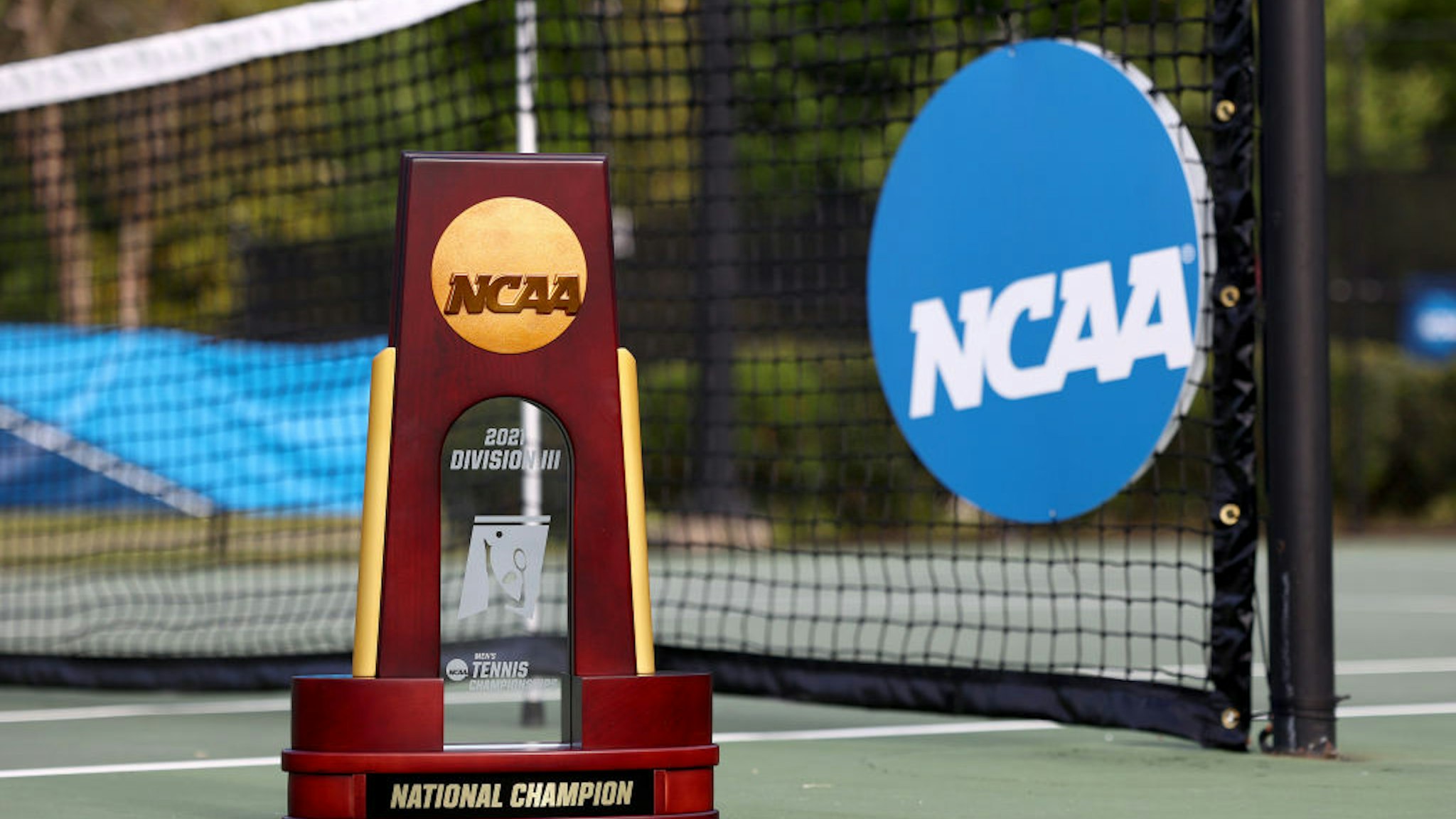 CHATTANOOGA, TN - MAY 26: A detail photo of the trophy won by the Emory Eagles after their win against the Case Western Reserve Spartans during the Division III Men's Tennis Championship held at the Champions Tennis Club on May 26, 2021 in Chattanooga, Tennessee. (Photo by Grant Halverson/NCAA Photos via Getty Images)