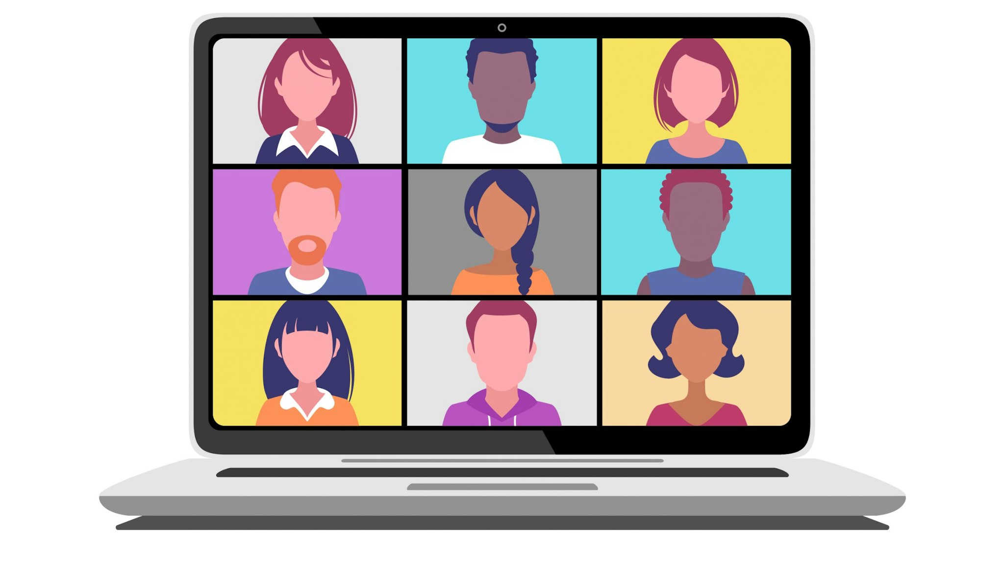 Laptop monitor with nine people in a video call. Front view isolated on a white background.