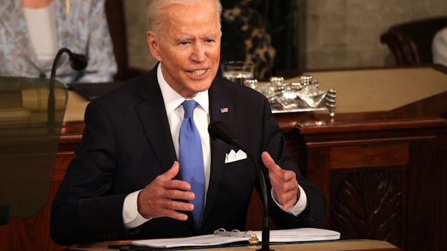 U.S. President Joe Biden addresses a joint session of congress in the House chamber of the U.S. Capitol April 28, 2021 in Washington, DC.