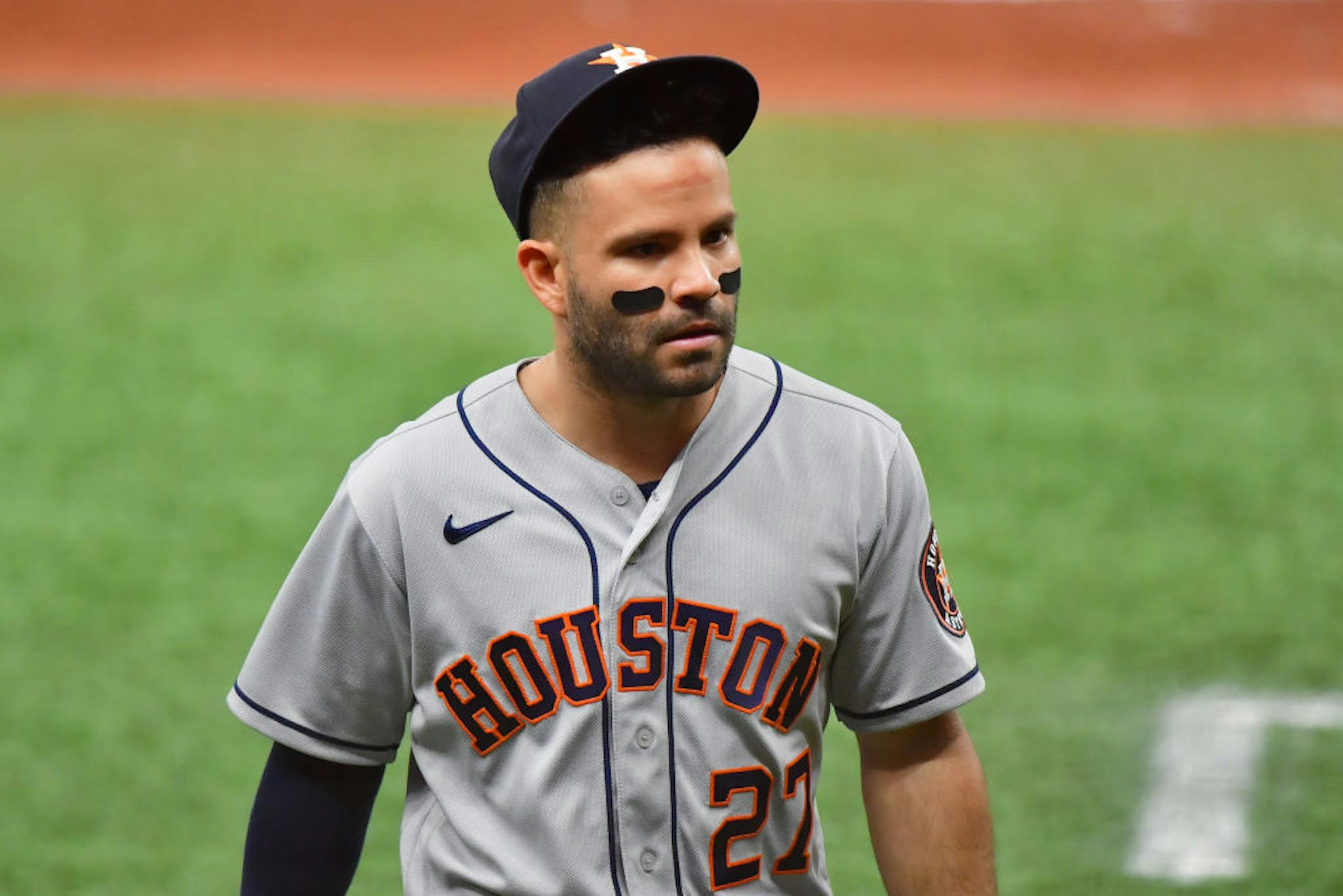 ST PETERSBURG, FLORIDA - MAY 01: Jose Altuve #27 of the Houston Astros walks off the field after the seventh inning against the Tampa Bay Rays at Tropicana Field on May 01, 2021 in St Petersburg, Florida. (Photo by Julio Aguilar/Getty Images)