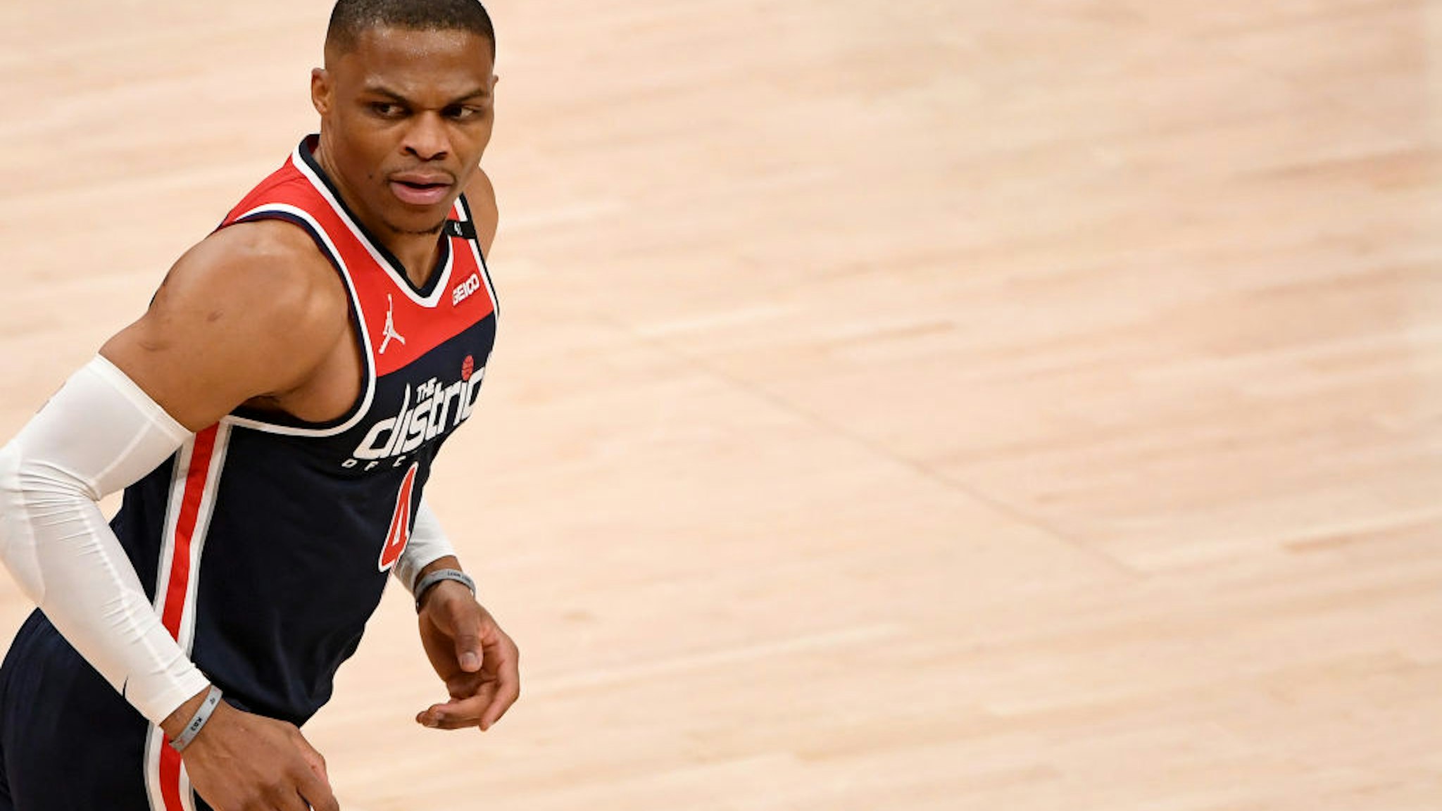 WASHINGTON, DC - MAY 03: Russell Westbrook #4 of the Washington Wizards reacts after a play against the Indiana Pacers during the first half at Capital One Arena on May 03, 2021 in Washington, DC. NOTE TO USER: User expressly acknowledges and agrees that, by downloading and or using this photograph, User is consenting to the terms and conditions of the Getty Images License Agreement. (Photo by Will Newton/Getty Images)