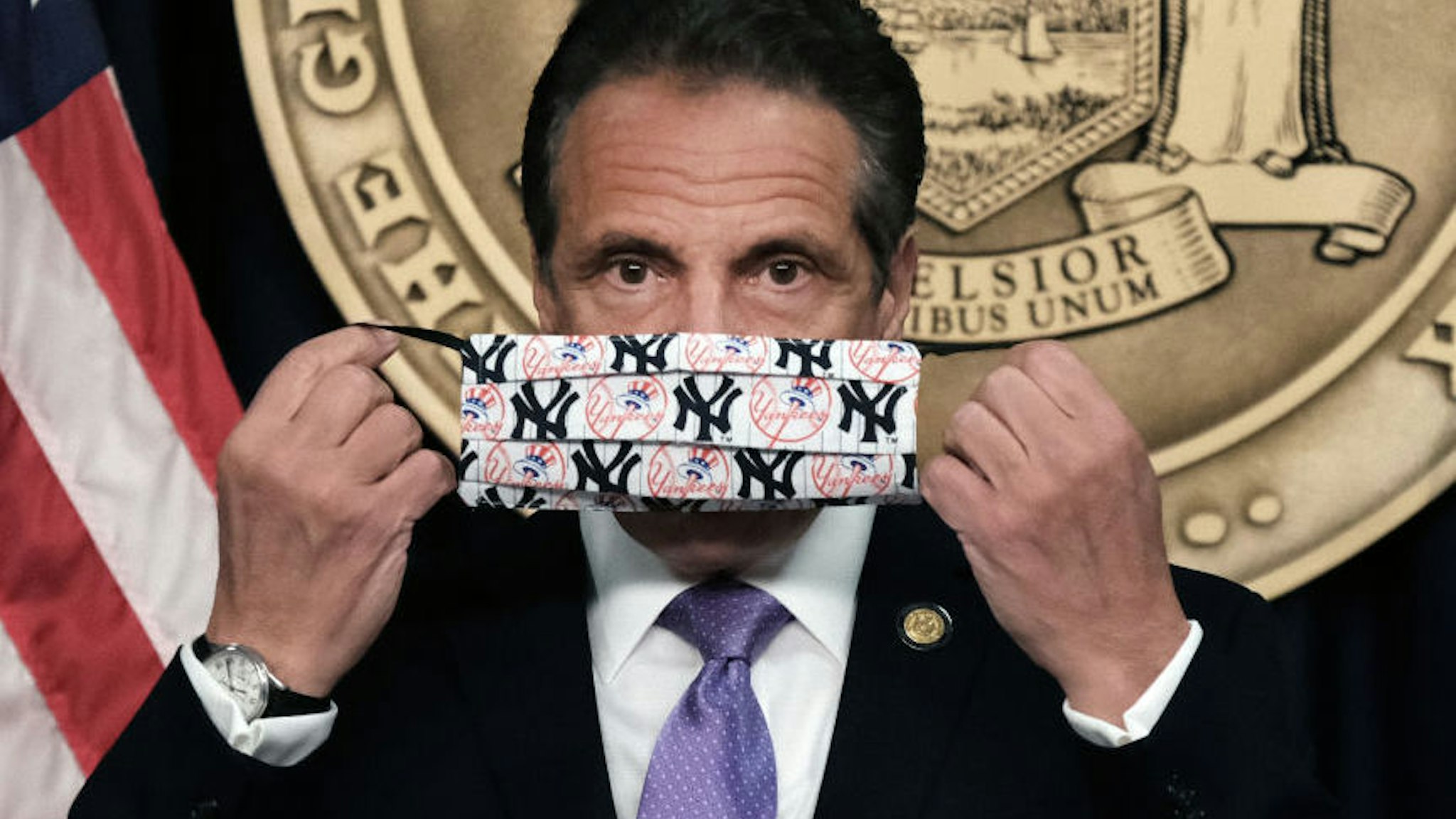 New York Governor Andrew Cuomo speaks to the media at a news conference in Manhattan on May 05, 2021 in New York City.