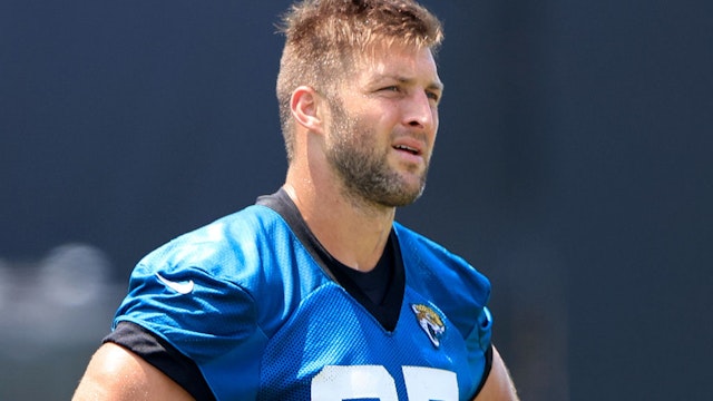 JACKSONVILLE, FLORIDA - MAY 27: Tim Tebow #85 of the Jacksonville Jaguars looks on during Jacksonville Jaguars Training Camp at TIAA Bank Field on May 27, 2021 in Jacksonville, Florida. (Photo by Sam Greenwood/Getty Images)