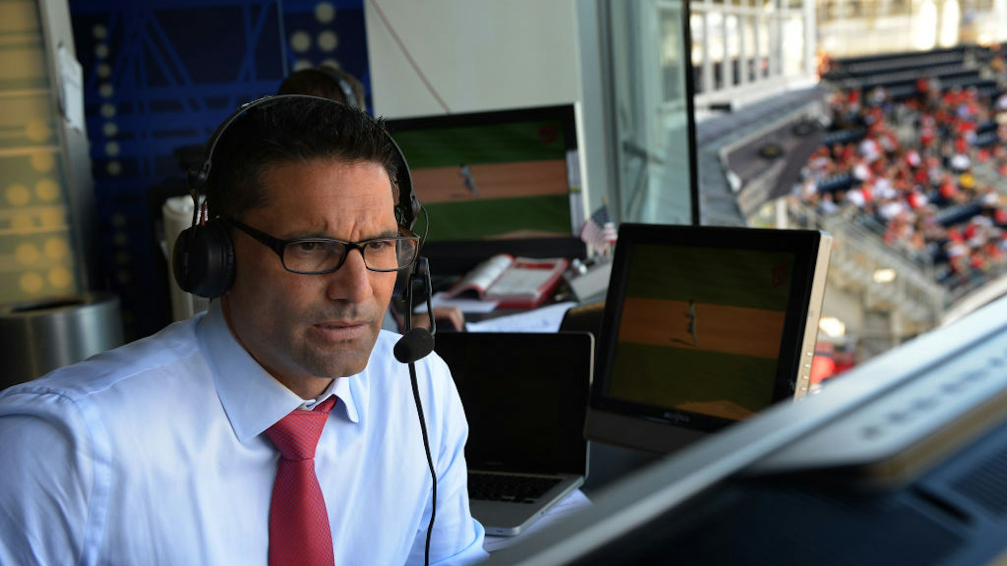 F.P. Santangelo, the color analyst for the Washington Nationals' telecasts on MASN, during the game on Sunday, September 9, 2012.