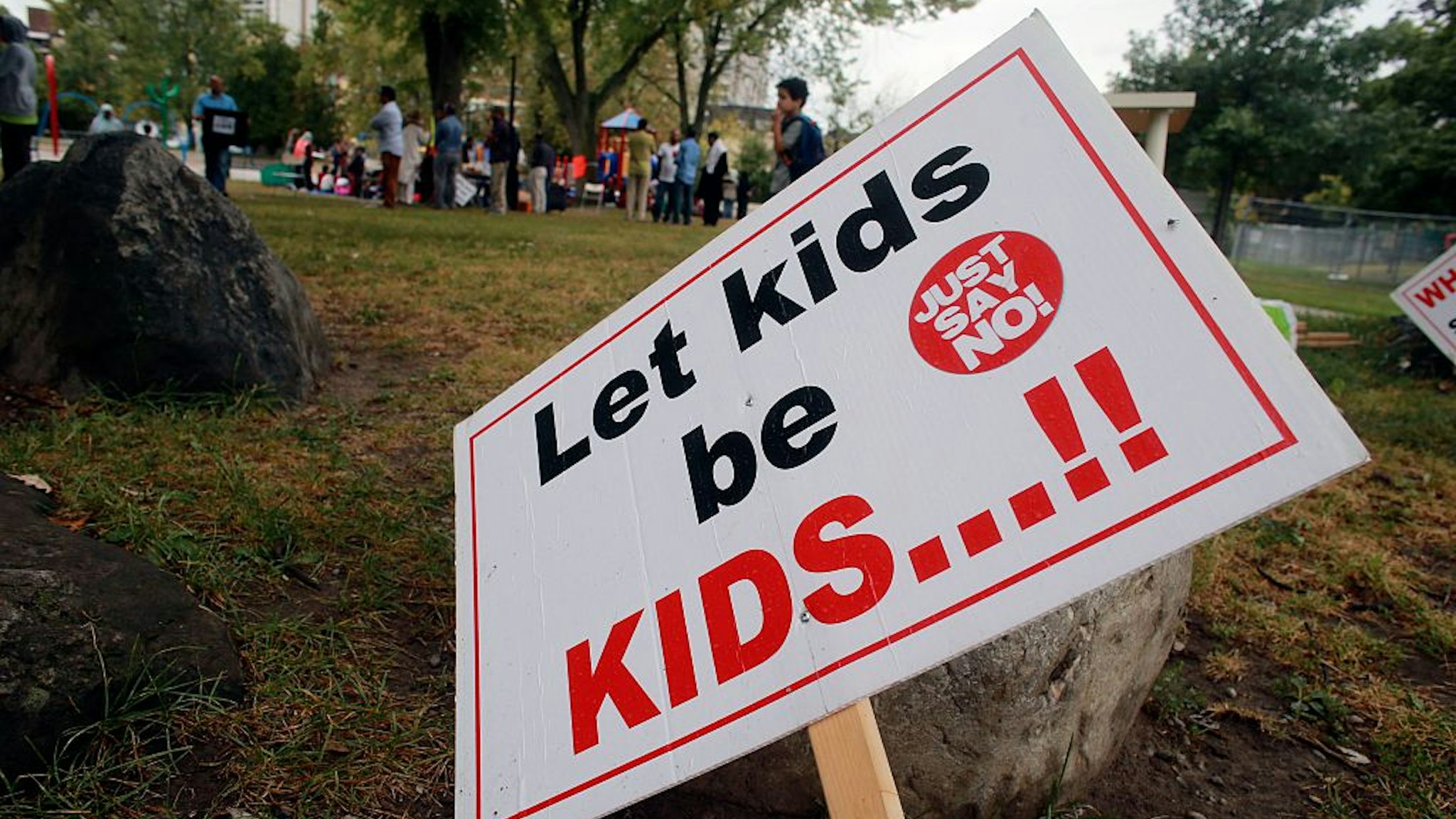 TORONTO, ON - SEPTEMBER 9 - Signage at R. V. Burgess Park next to Thorncliffe Park Public School for Day 2 of parent run schooling, September 9, 2015. Some parents have kept their children from attending the school to protest the Ontario Government's new sex-ed curriculum. Andrew Francis Wallace/Toronto Star