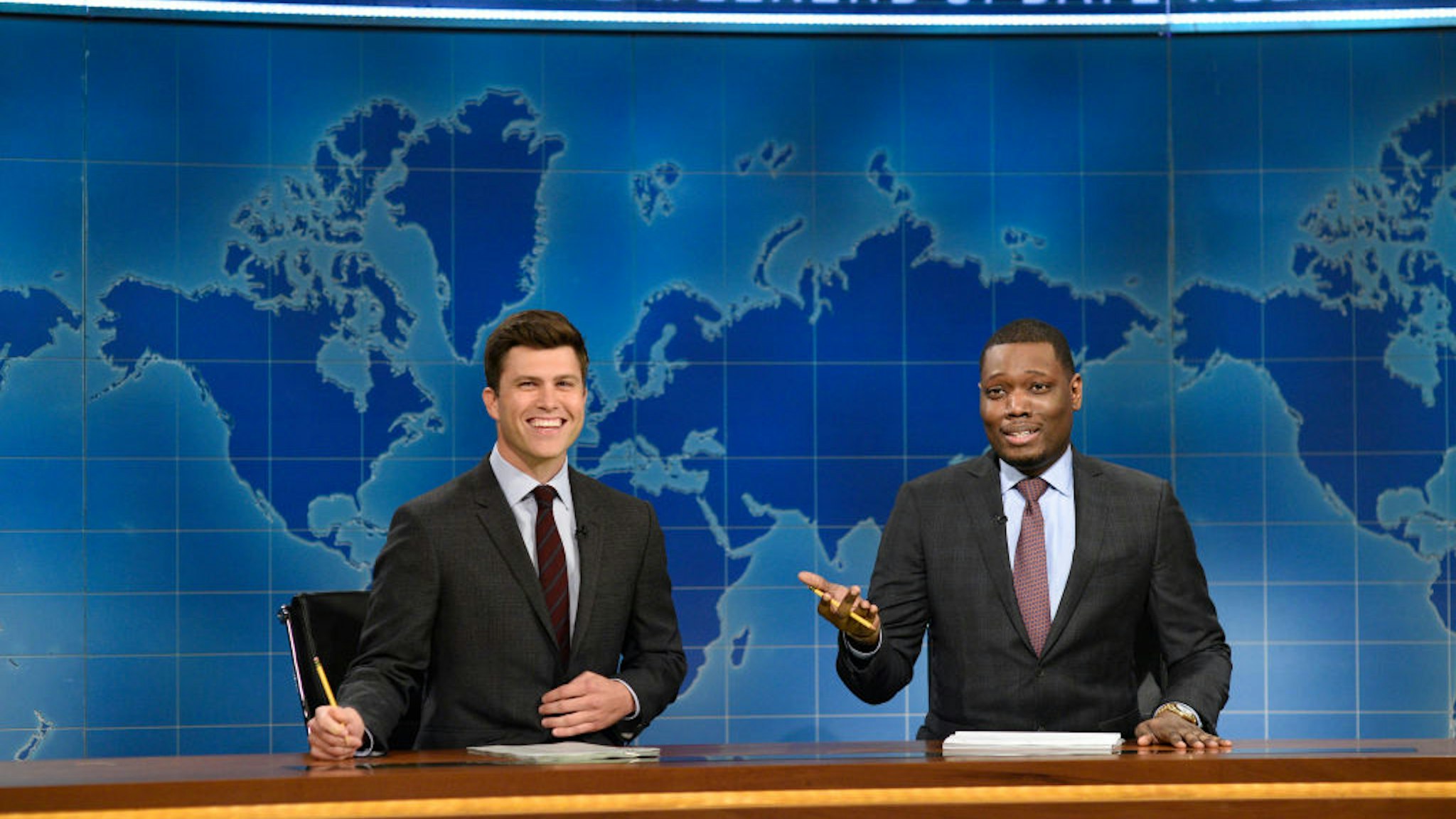 SATURDAY NIGHT LIVE: WEEKEND UPDATE -- Episode 101 -- Pictured: (l-r) Colin Jost, Michael Che from Studio 8H on August 10, 2017 -- (Photo by: Rosalind O'Connor/NBCU Photo Bank/NBCUniversal via Getty Images via Getty Images)