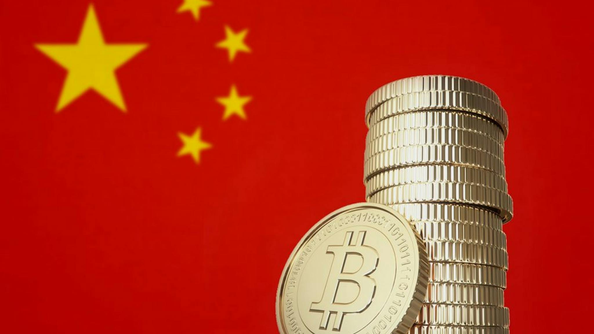 China Crypto Bitcoin stack with a national flag in the background