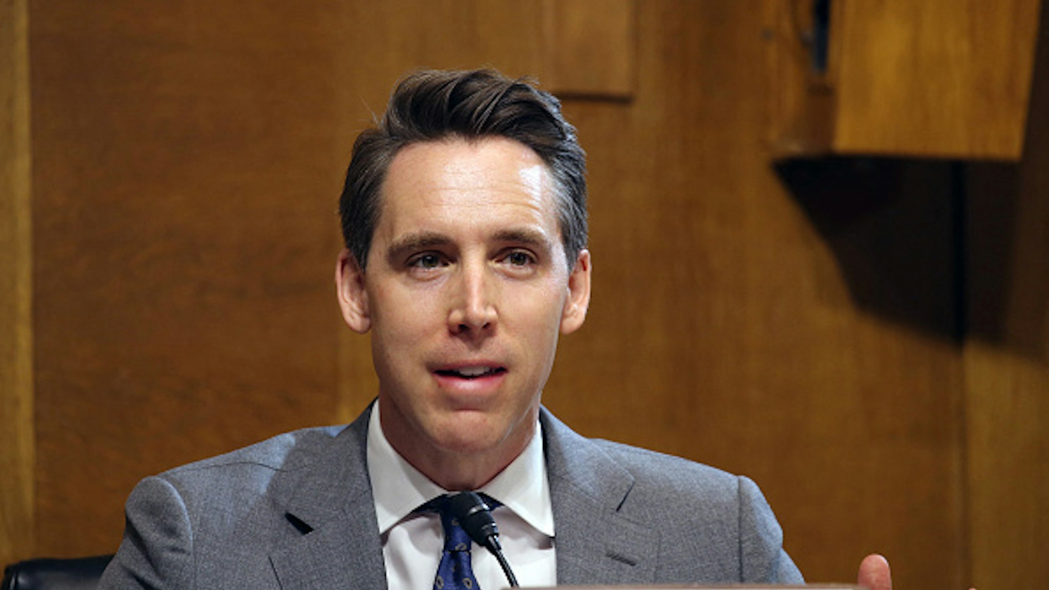 Sen. Josh Hawley, R-MO, asks questions during a hearing of the Senate Judiciary Subcommittee on Privacy, Technology, and the Law, at the US Capitol in Washington DC, on April 27, 2021. - The committee will hear testimony about social media platforms' use of algorithms and amplification.