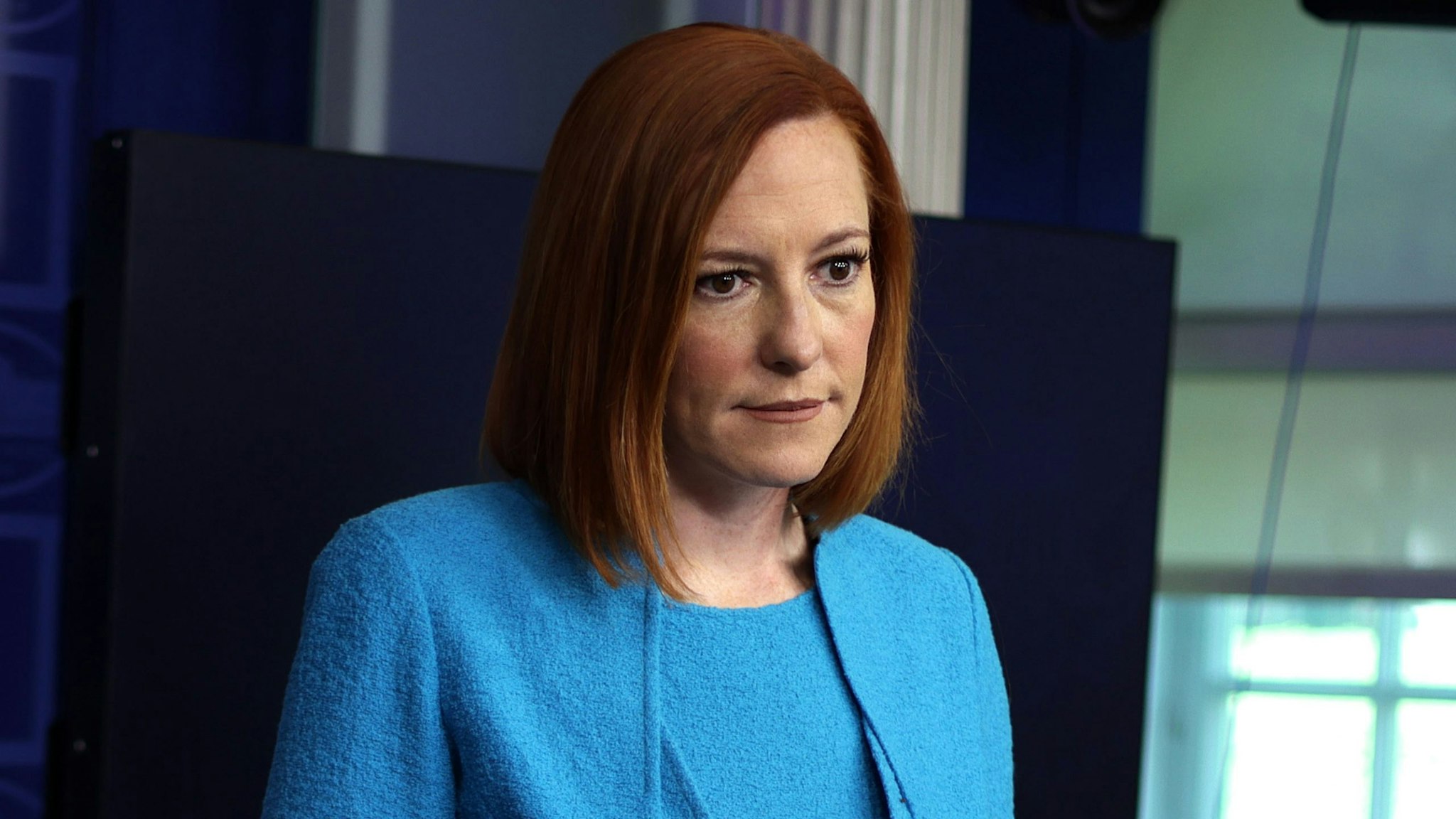 WASHINGTON, DC - MAY 13: White House Press Secretary Jen Psaki listens during a daily press briefing at the James Brady Press Briefing Room of the White House May 13, 2021 in Washington, DC. Psaki held a daily news briefing to answer questions from members of the press.