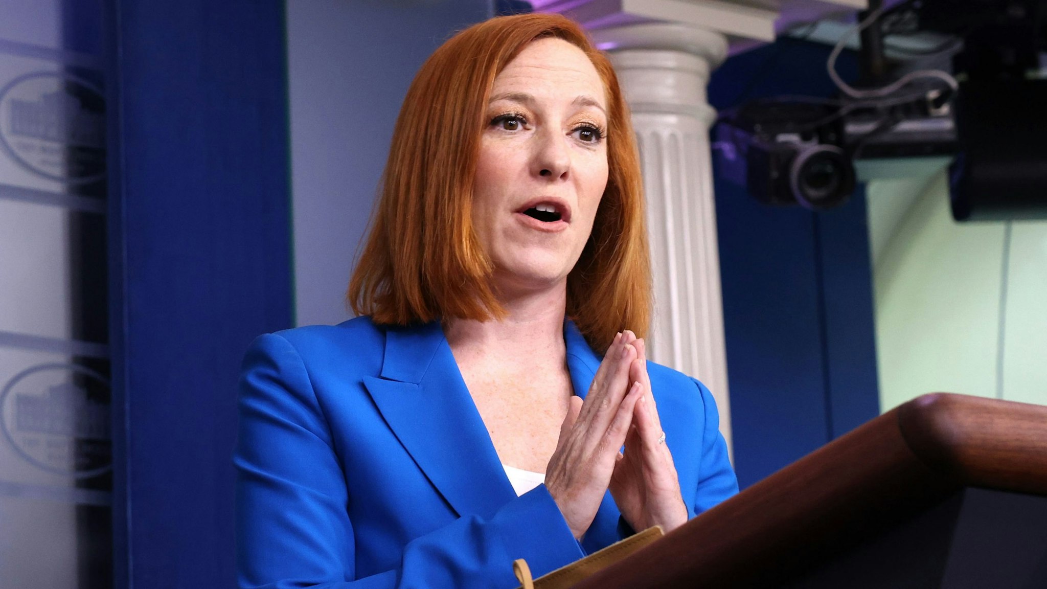 WASHINGTON, DC - MAY 17: White House Press Secretary Jen Psaki speaks at a daily press briefing at the James Brady Press Briefing Room of the White House on May 17, 2021 in Washington, DC. Psaki spoke on the United States' involvement in the current Israel and Palestine conflict.