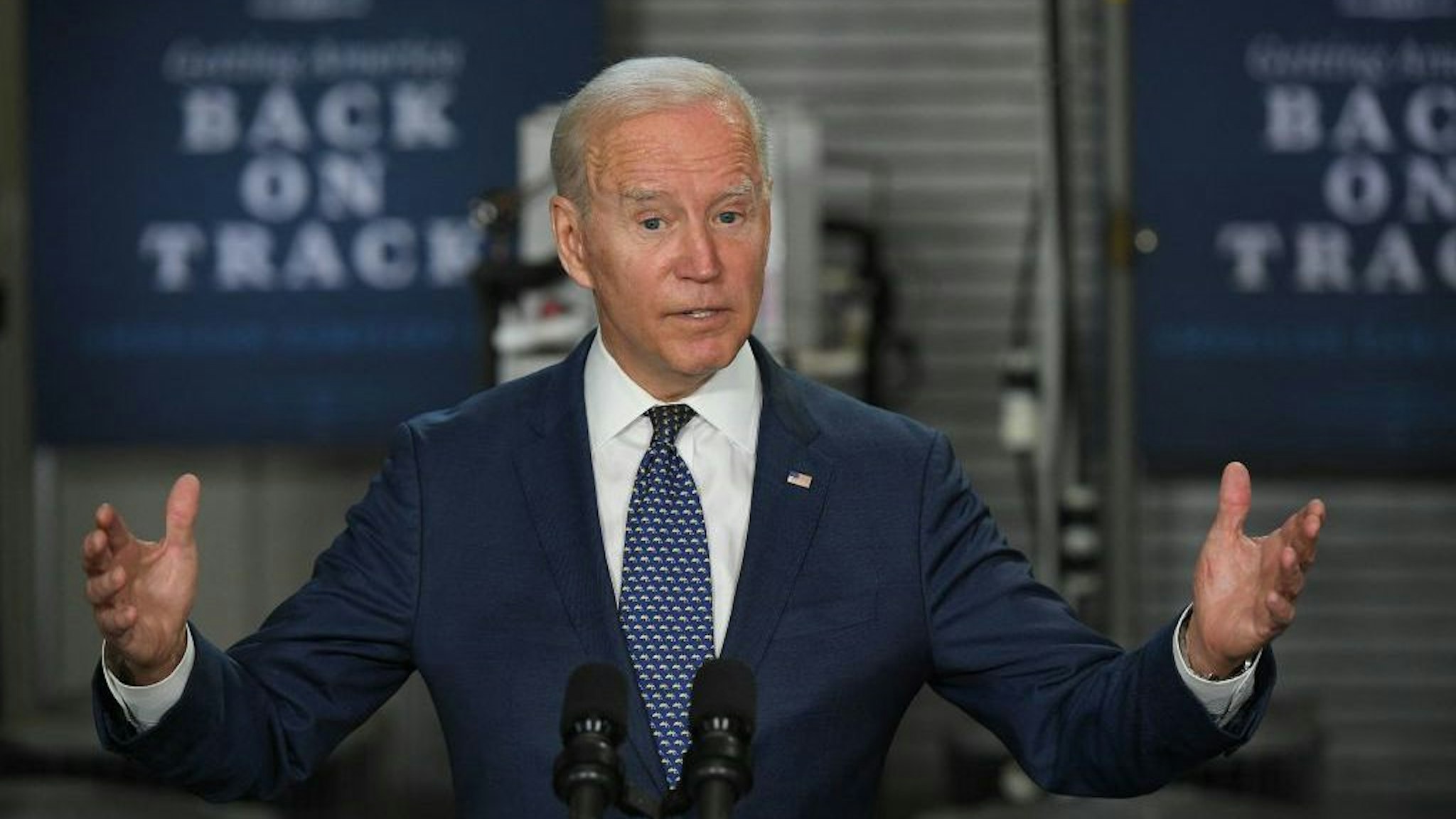 US President Joe Biden speaks on the American Jobs Plan, following a tour of Tidewater Community College in Norfolk, Virginia on May 3, 2021. (Photo by MANDEL NGAN / AFP) (Photo by MANDEL NGAN/AFP via Getty Images)
