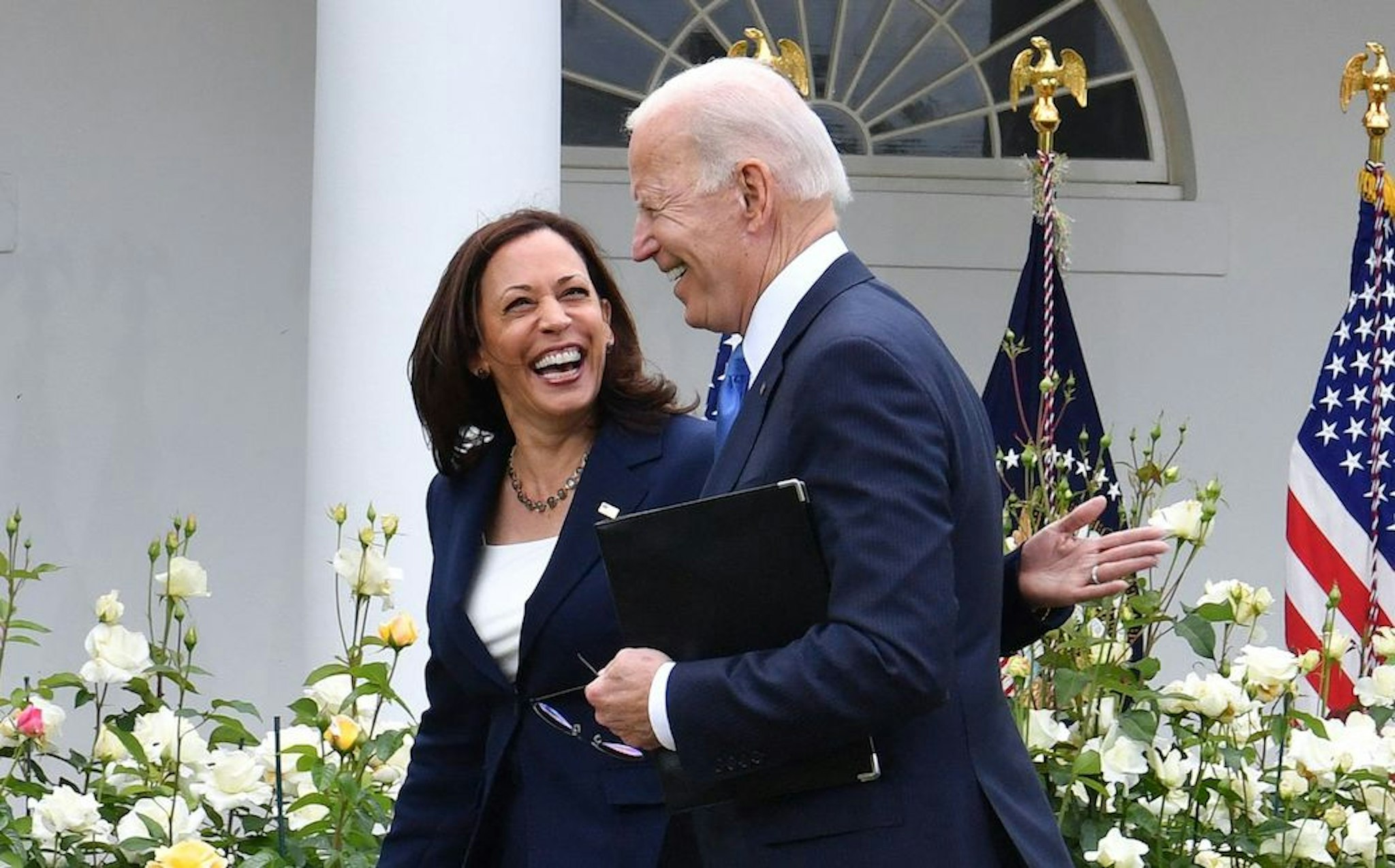 US Vice President Kamala Harris and US President Joe Biden leave after the President delivered remarks on Covid-19 response and the vaccination program, from the Rose Garden of the White House, Washington, DC on May 13, 2021. (Photo by Nicholas Kamm / AFP) (Photo by NICHOLAS KAMM/AFP via Getty Images)