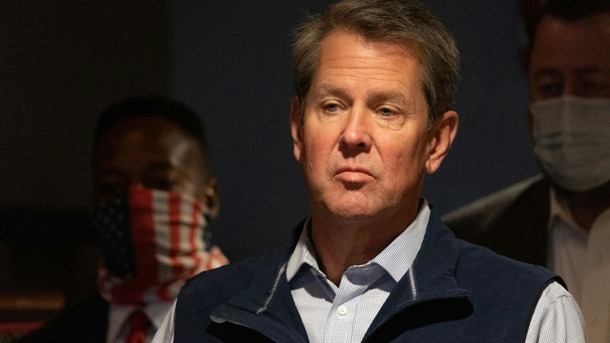 MARIETTA, GA - APRIL 10: Georgia Gov. Brian Kemp speaks at a news conference about the state's new Election Integrity Law that passed this week at AJ’s Famous Seafood and Poboys on April 10, 2021 in Marietta, Georgia.