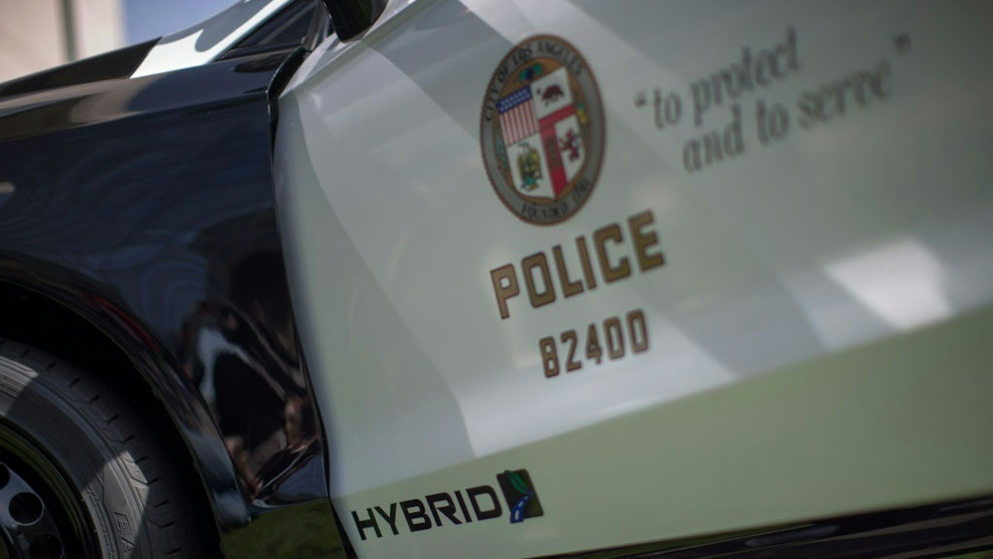 LOS ANGELES, CA - APRIL 10: A hybrid police car is seen at the unveiling of two new Ford Fusion hybrid pursuit-rated Police Responder cars at Los Angeles Police Department headquarters on April 10, 2017 in Los Angeles, California.