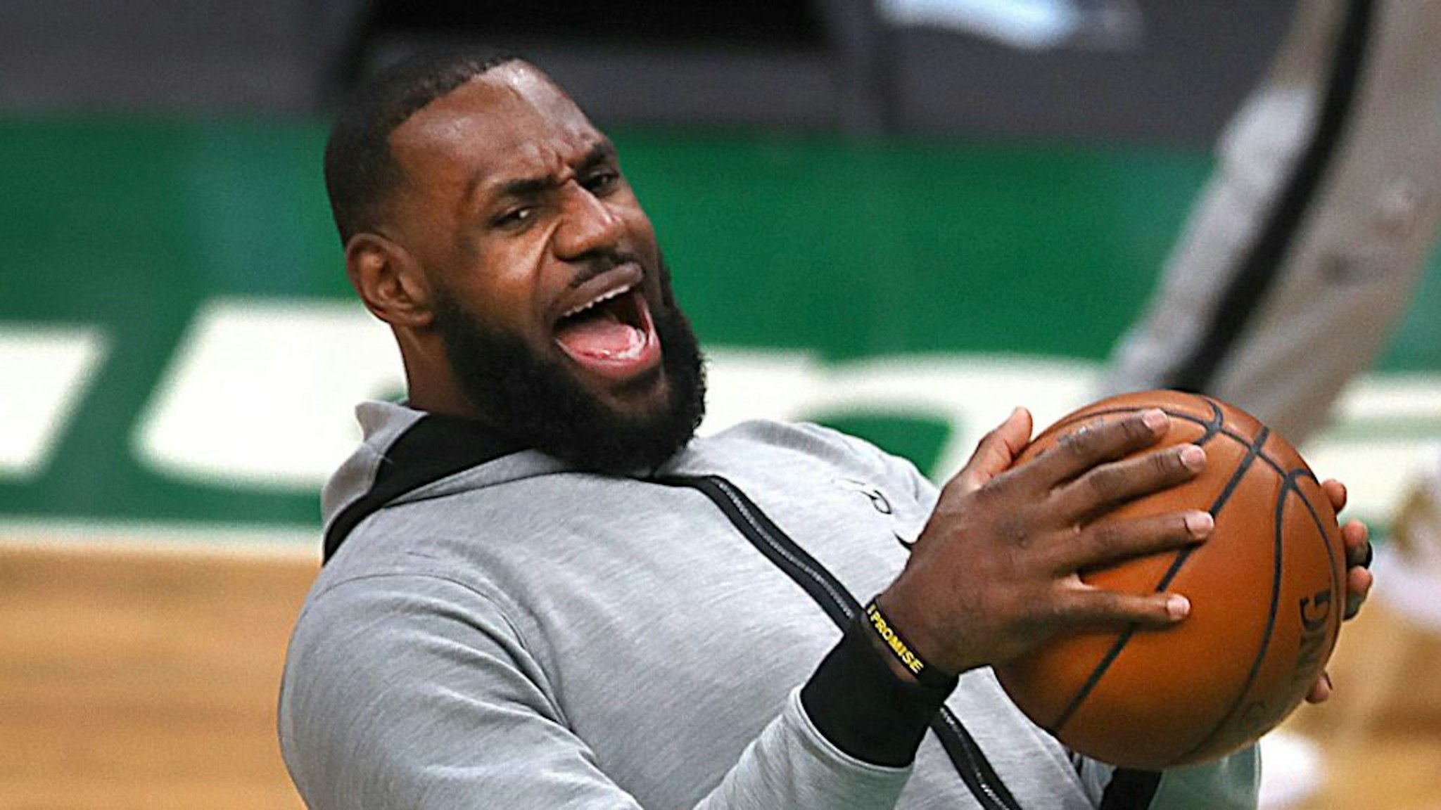 BOSTON - JANUARY 30: Los Angeles Lakers' LeBron James has a laugh in pregame warmups. The Boston Celtics host the Los Angeles Lakers in a regular season NBA game at TD Garden in Boston on Jan. 30, 2021.