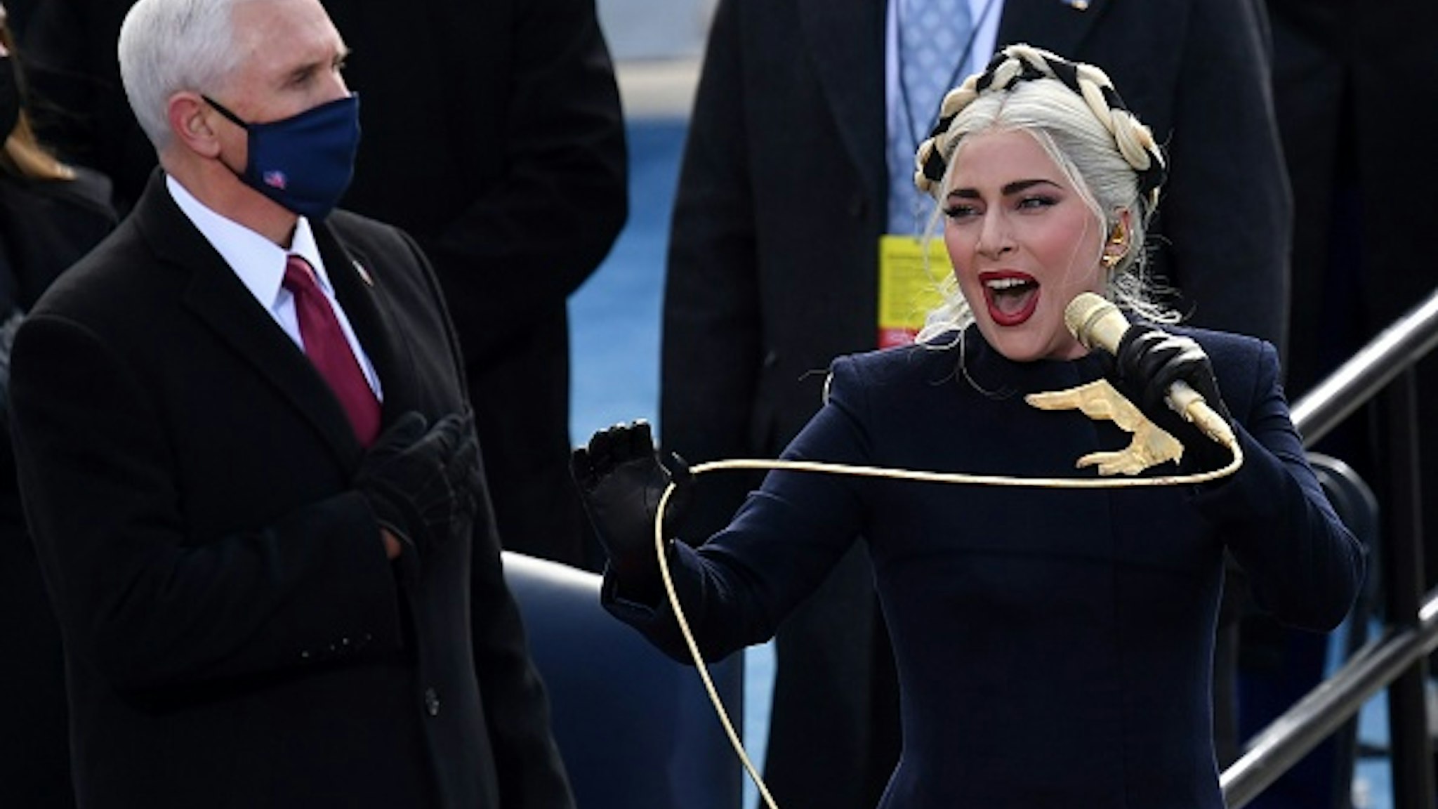 Lady Gaga sings the National Anthem at the inauguration of US President-elect Joe Biden on the West Front of the US Capitol on January 20, 2021 in Washington, DC. - During today's inauguration ceremony Joe Biden becomes the 46th president of the United States.
