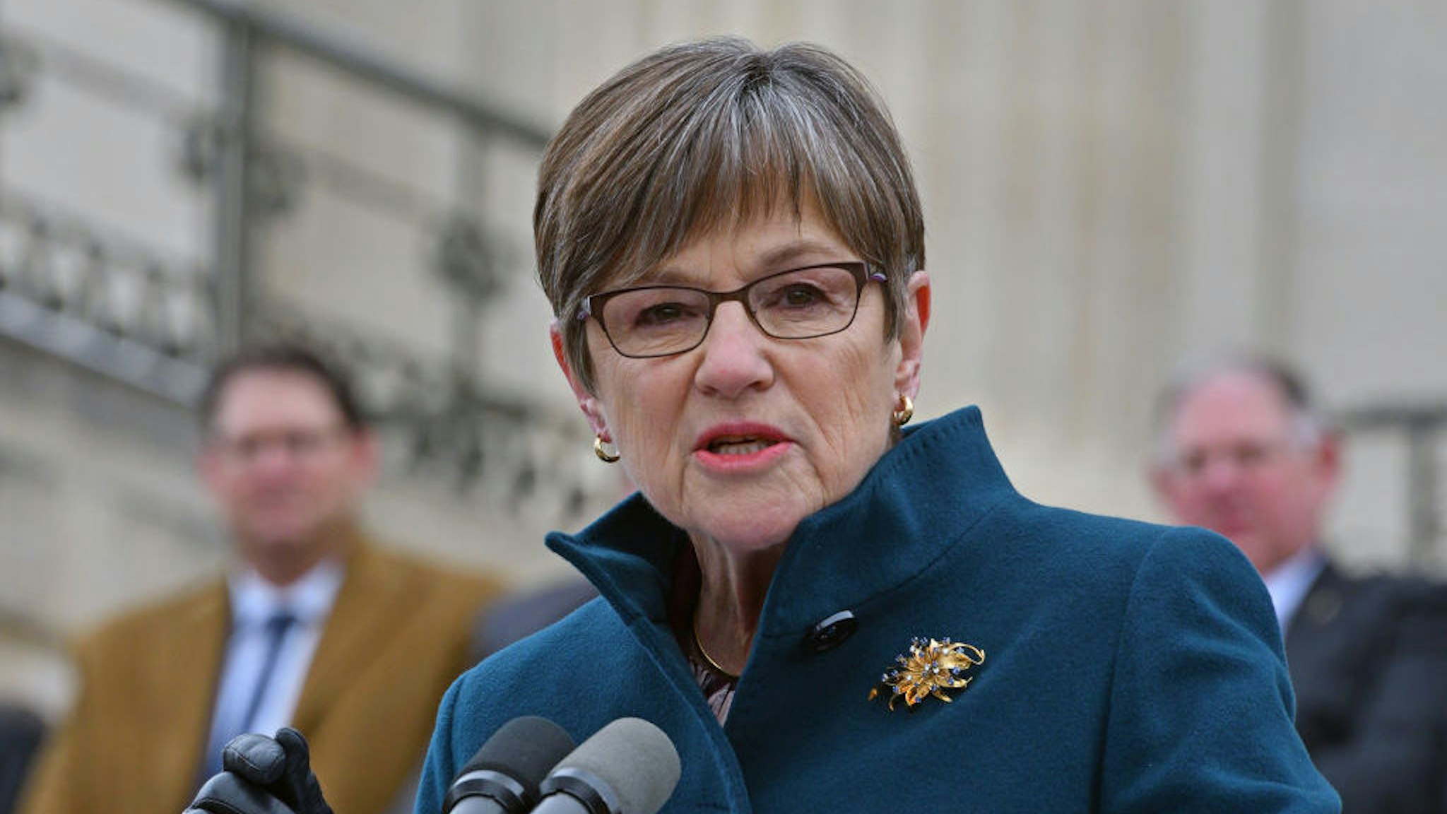 American politician Kansas Governor Laura Kelly delivers her inaugural speech from the front steps of the Kansas State Capitol building, Topeka, Kansas January 14, 2019. (Photo by Mark Reinstein/Corbis via Getty Images)