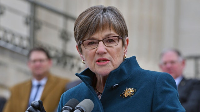 American politician Kansas Governor Laura Kelly delivers her inaugural speech from the front steps of the Kansas State Capitol building, Topeka, Kansas January 14, 2019. (Photo by Mark Reinstein/Corbis via Getty Images)