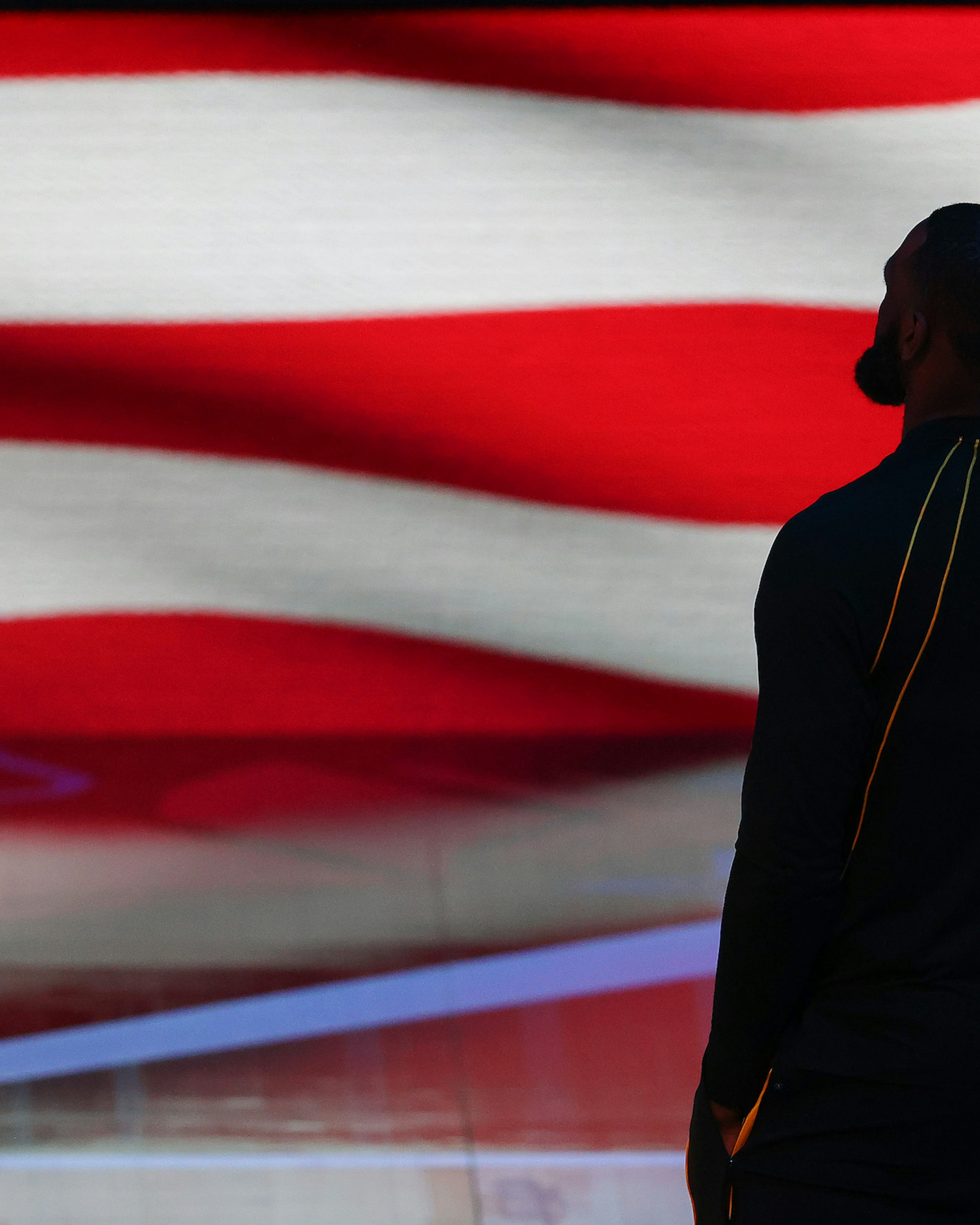 Lebron James #23 of Team LeBron stands for the national anthem prior to the 70th NBA All-Star Game at State Farm Arena on March 07, 2021 in Atlanta, Georgia. (Photo by Kevin C. Cox/Getty Images)