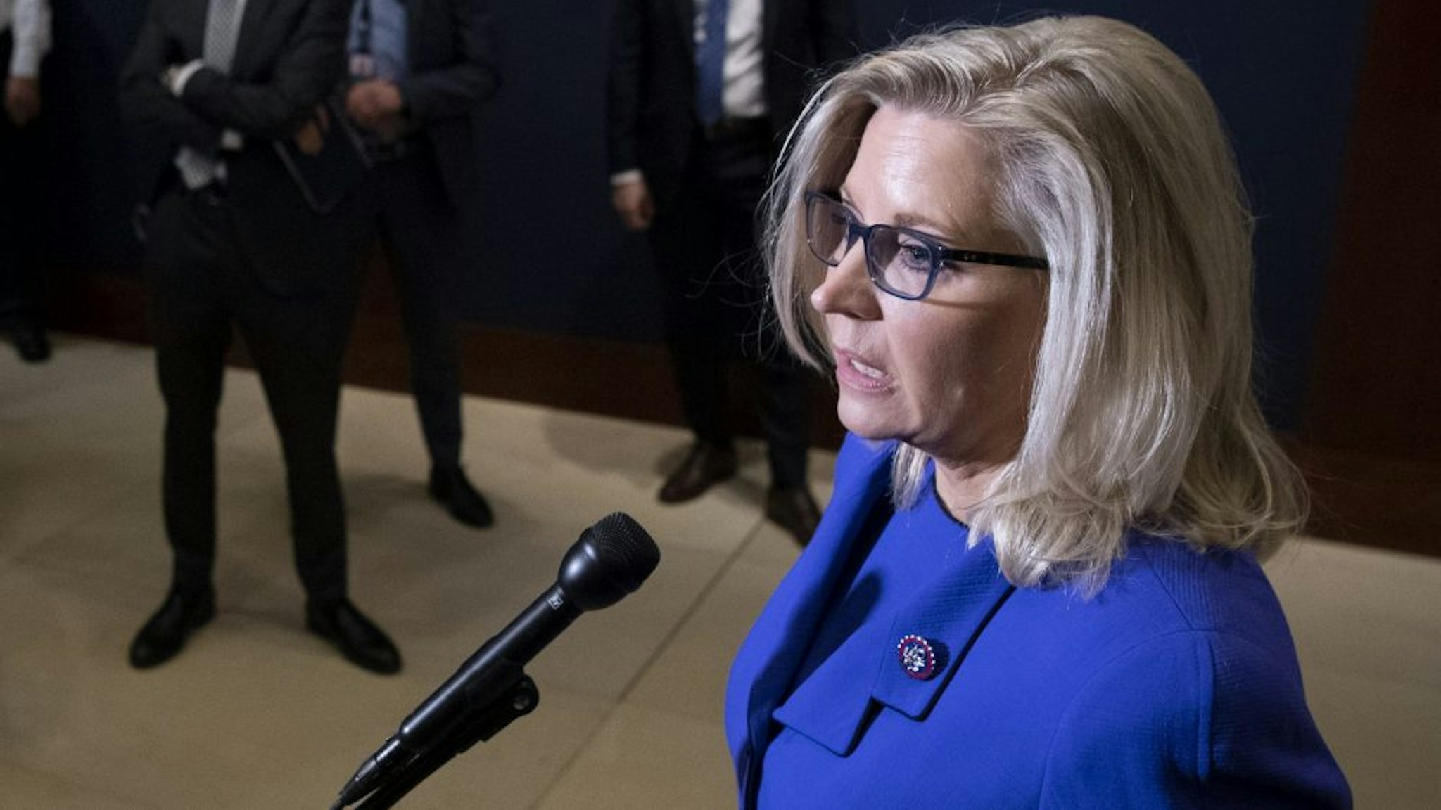 UNITED STATES - May 12: Rep. Liz Cheney, R-Wyo., speaks to reporters after House Republicans voted to oust her from her leadership post as chair of the House Republican Conference in Washington on Wednesday, May 12, 2021.