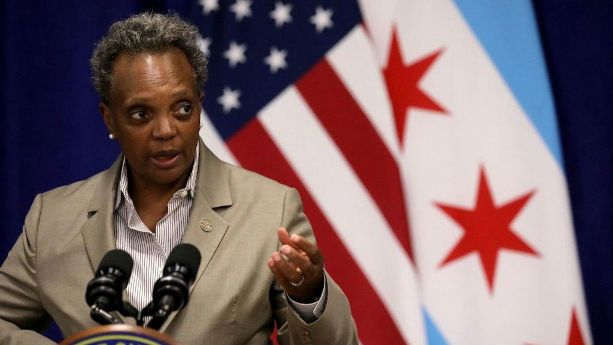 Mayor Lori Lightfoot speaks during a news conference at the Greater Western Community Development Project in Chicago on Monday, Sept. 14, 2020. (Antonio Perez/Chicago Tribune/TNS)