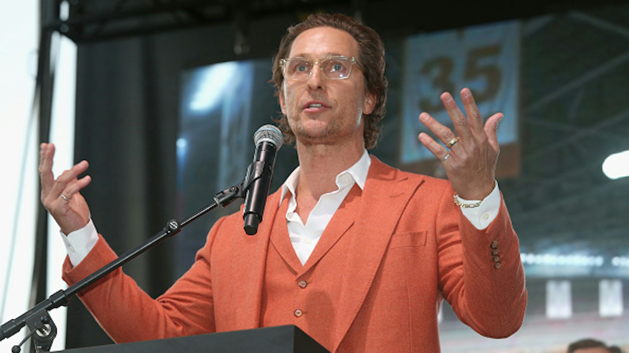 AUSTIN, TEXAS - DECEMBER 03: University of Texas Minister of Culture Matthew McConaughey attends the groundbreaking ceremony for the new University of Texas event facility, the "Moody Center" on December 3, 2019 in Austin, Texas.