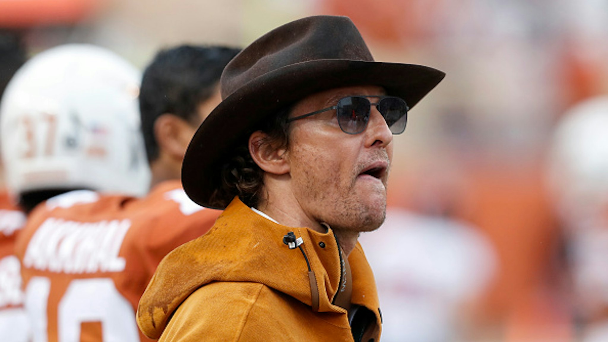 AUSTIN, TX - NOVEMBER 29: Actor Matthew McConaughey watches on the Texas Longhorns sideline in the second half against the Texas Tech Red Raiders at Darrell K Royal-Texas Memorial Stadium on November 29, 2019 in Austin, Texas.