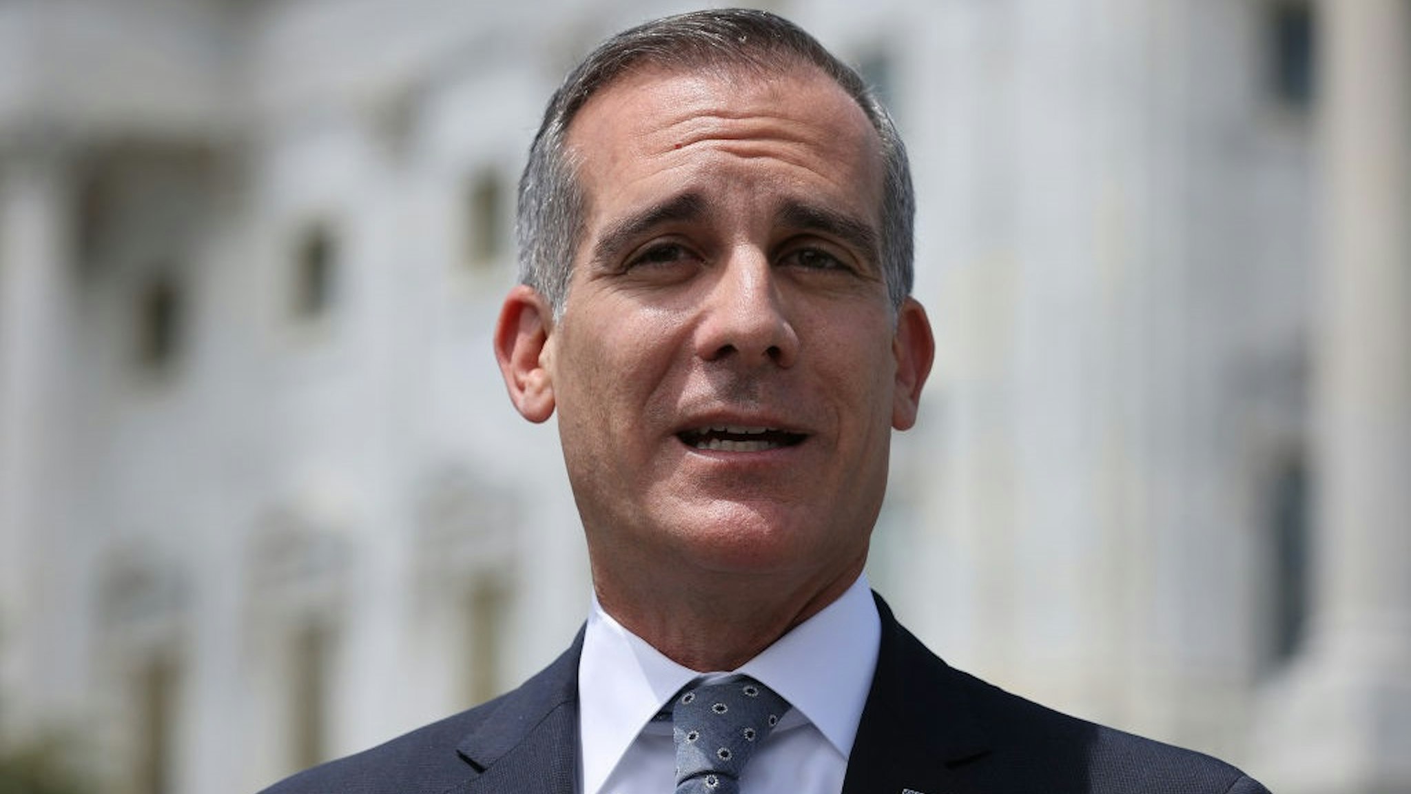 WASHINGTON, DC - MAY 12: Los Angeles Mayor Eric Garcetti speaks about the importance of infrastructure during a news conference with fellow mayors and members of Congress outside the U.S. Capitol on May 12, 2021 in Washington, DC.