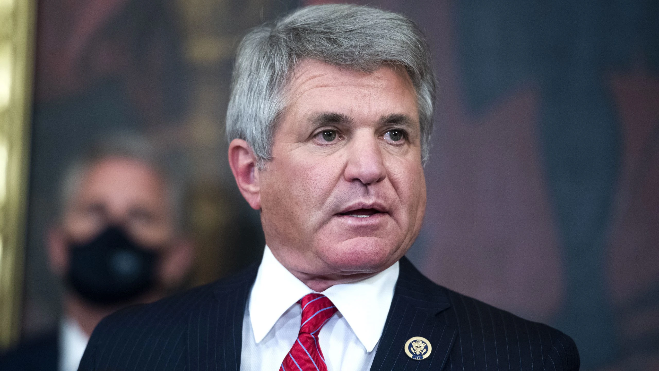 UNITED STATES - SEPTEMBER 30: Reps. Michael McCaul, R-Texas, right, chairman of the China Task Force, and House Minority Leader Kevin McCarthy, R-Calif., conduct a news conference on the China Task Force report in the Capitols Rayburn Room on Wednesday, September 30, 2020. The report outlines bipartisan action to combat threats from China.