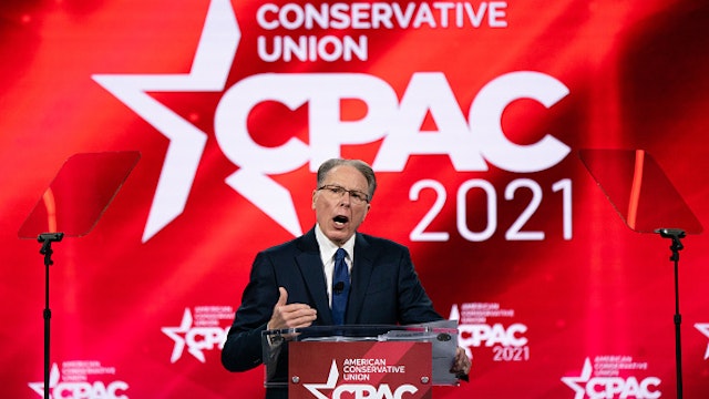 Wayne LaPierre, executive vice president and chief executive officer of the National Rifle Association, speaks during the Conservative Political Action Conference (CPAC) in Orlando, Florida, U.S., on Sunday, Feb. 28, 2021. The annual Conservative Political Action Conference concludes Sunday with a line-up of Trump administration veterans, media personalities and potential 2024 candidates in an event that cements former President Donald Trumps status as leader of the party.