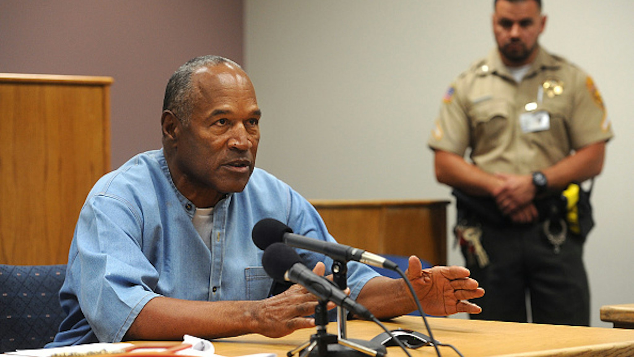 Former professional football player O.J. Simpson speaks during a parole hearing at Lovelock Correctional Center in Lovelock, Nevada, U.S., on Thursday, July 20, 2017. Simpson has been granted parole nine years into a 33-year sentence and could be released as soon as Oct. 1.