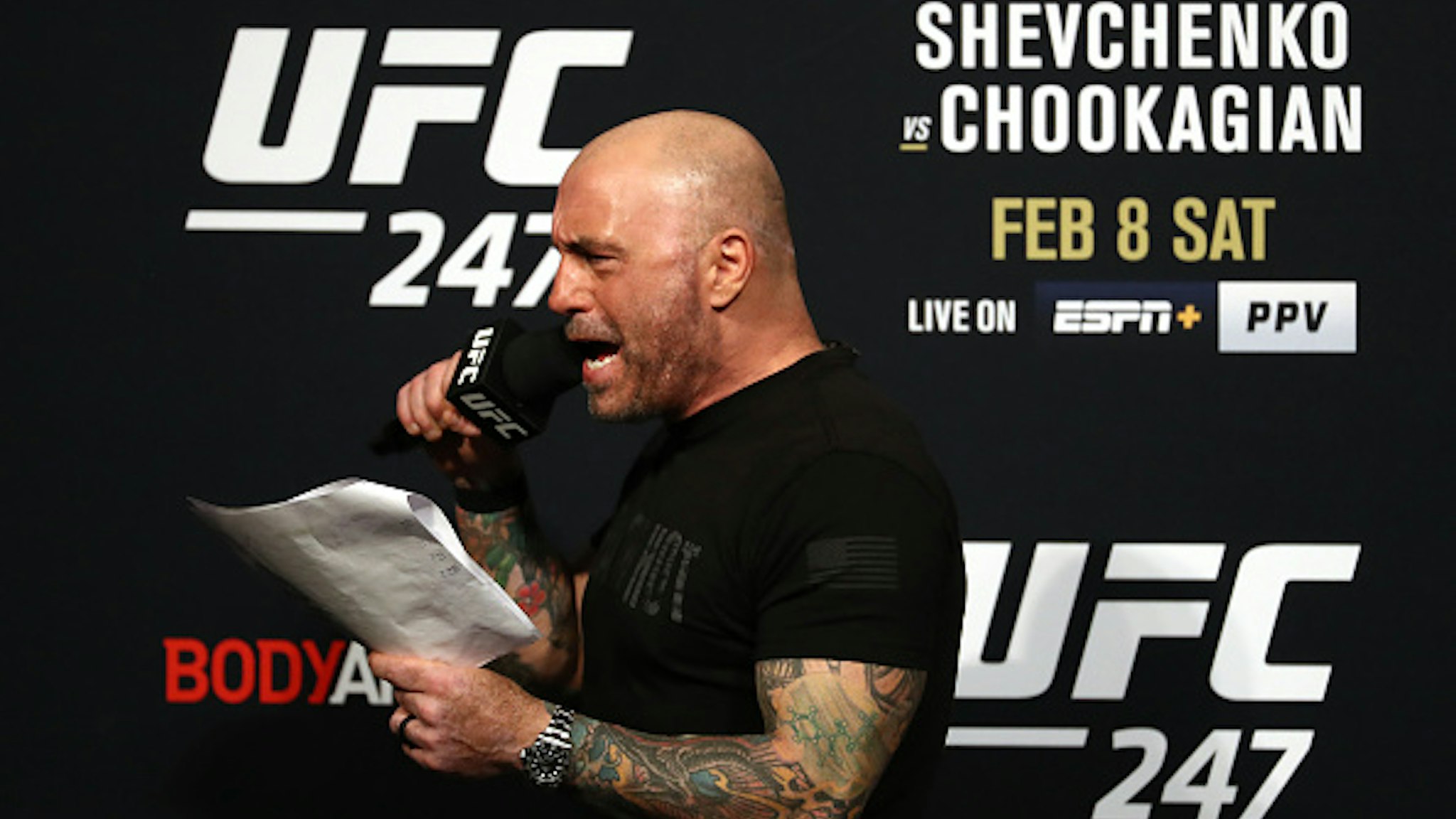 HOUSTON, TEXAS - FEBRUARY 07: Joe Rogan during the UFC 247 ceremonial weigh-in at Toyota Center on February 07, 2020 in Houston, Texas.