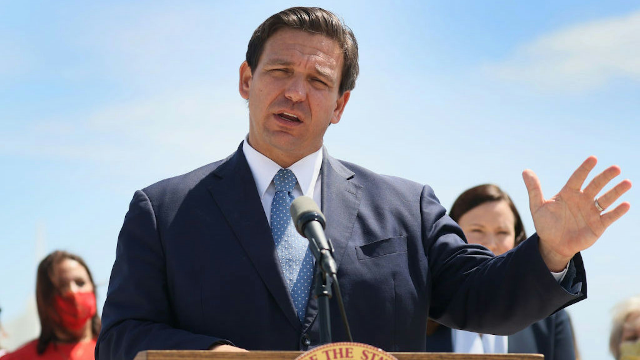 MIAMI, FLORIDA - APRIL 08: Florida Gov. Ron DeSantis speaks to the media about the cruise industry during a press conference at PortMiami on April 08, 2021 in Miami, Florida. The Governor announced that the state is suing the federal government to allow cruises to resume in Florida. (Photo by Joe Raedle/Getty Images)
