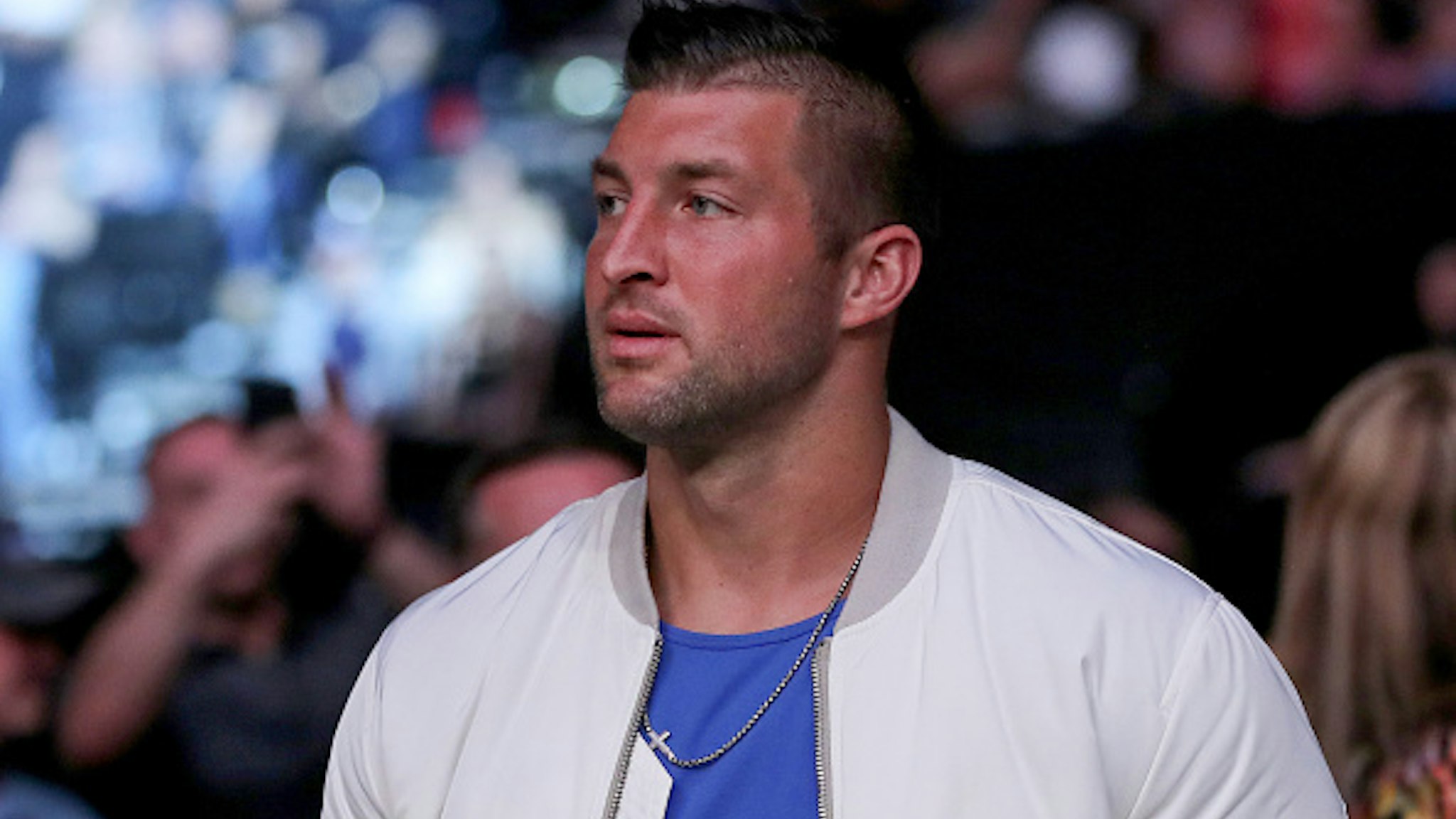JACKSONVILLE, FL - APRIL 24: Tim Tebow is seen by the octagon during UFC 261 at VyStar Veterans Memorial Arena on April 24, 2021 in Jacksonville, Florida.
