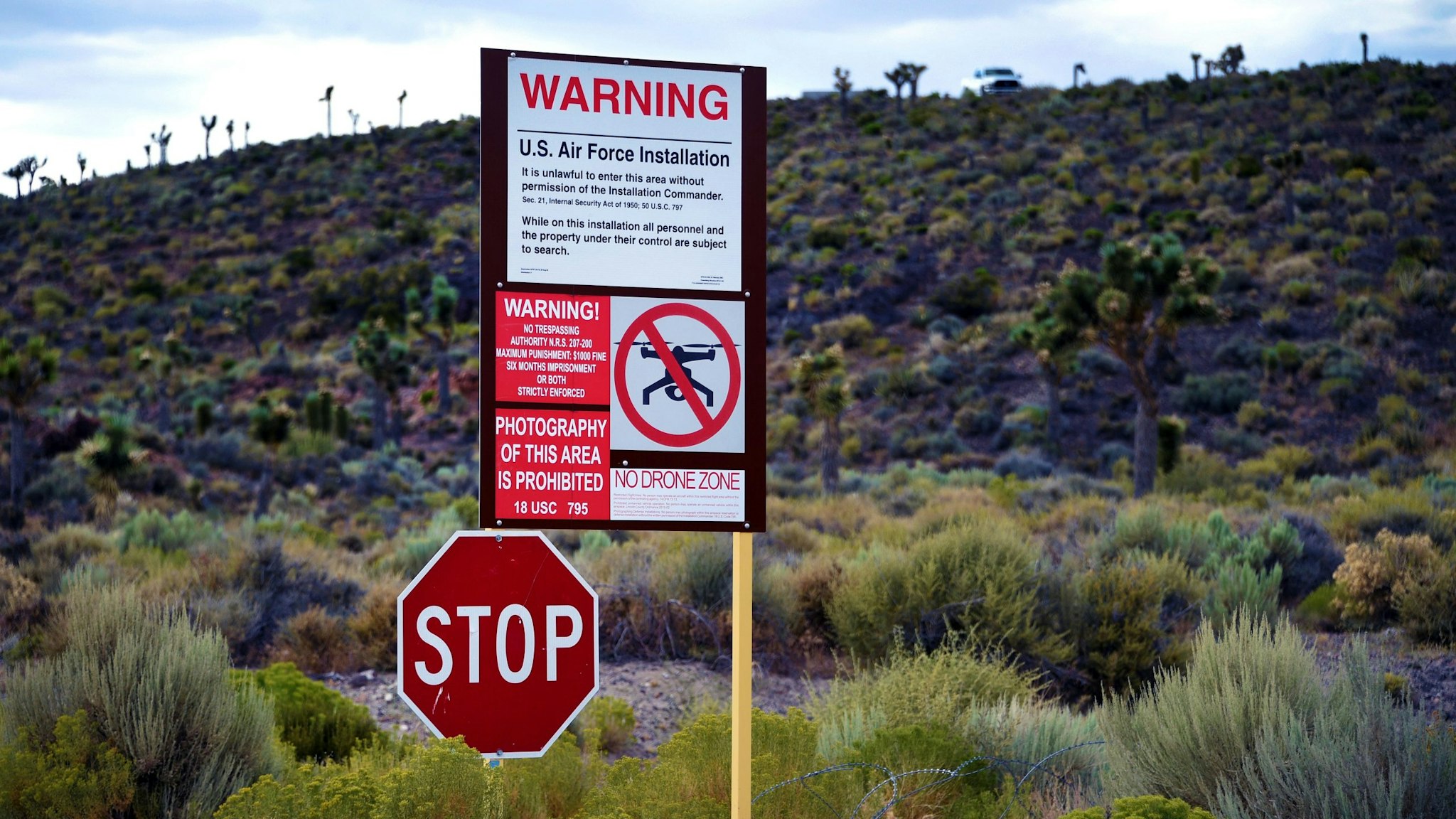 RACHEL, NEVADA - JULY 22: A warning sign is posted at the perimeter of the top-secret military installation at the Nevada Test and Training Range known as Area 51 on July 22, 2019 near Rachel, Nevada. A Facebook event entitled, "Storm Area 51, They Can't Stop All of Us," which the author stated was meant as a joke, calls for people to storm the highly classified U.S. Air Force facility on September 20, 2019, to address a conspiracy theory that the U.S. government is conducting tests with space aliens.