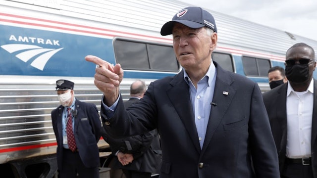 ALLIANCE, OHIO - SEPTEMBER 30: Democratic U.S. presidential nominee Joe Biden gestures during a campaign stop at Alliance Amtrak Station September 30, 2020 in Alliance, Ohio. Former Vice President Biden continues to campaign for the upcoming presidential election today on a day-long train tour with stops in Ohio and Pennsylvania. (Photo by
