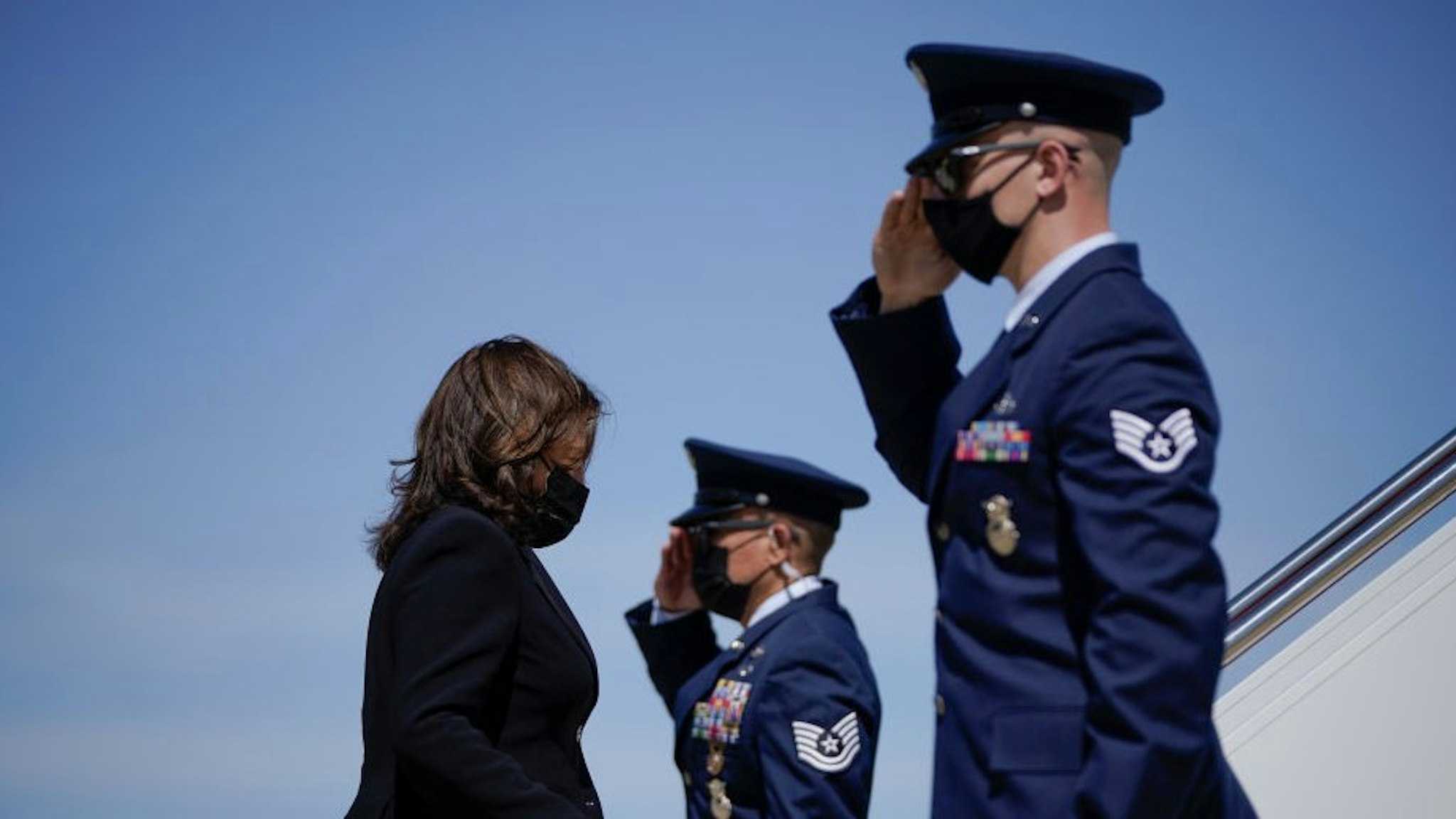 JOINT BASE ANDREWS, MD - MARCH 26: U.S. Vice President Kamala Harris boards Air Force Two at Joint Base Andrews on March 26, 2021 in Joint Base Andrews, Maryland. Harris is traveling to New Haven, Connecticut to promote the Biden administration's recently passed $1.9 billion federal stimulus package. (Photo by