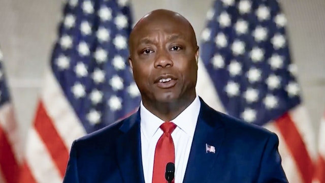 Senator Tim Scott, a Republican from South Carolina, speaks during the Republican National Convention seen on a laptop computer in Tiskilwa, Illinois, U.S., on Monday, Aug. 24, 2020. President Trump plans to appear nightly during the four-day convention, which after today will be staged mostly from Washington because of the coronavirus pandemic. Photographer: