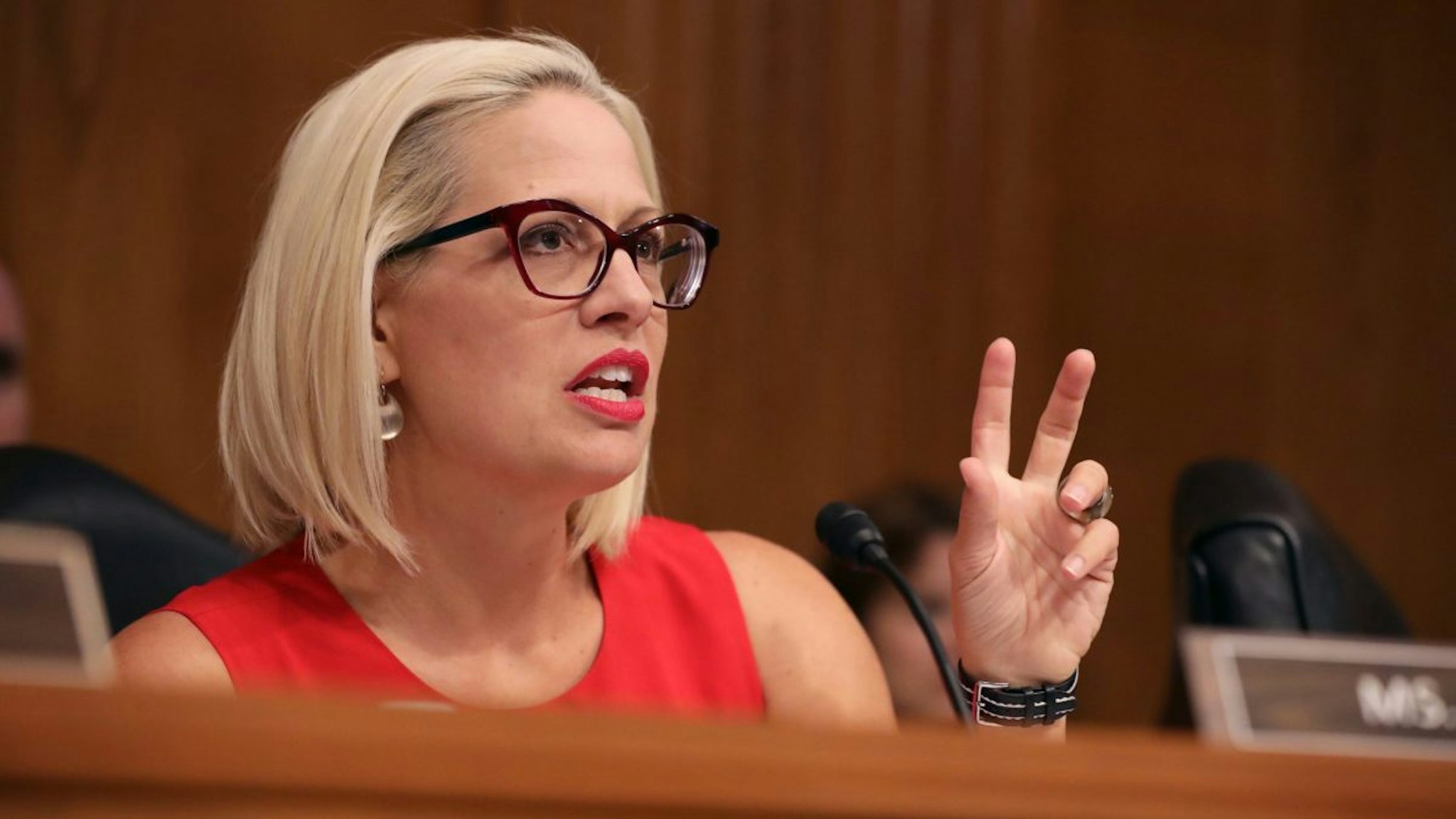 Senate Aviation and Space Subcommittee ranking member Sen. Kyrsten Sinema questions witnesses during a hearing in the Dirksen Senate Office Building on Capitol Hill on May 14, 2019 in Washington, DC.
