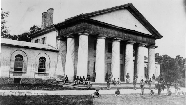 Arlington House 28th June 1864: Union soldiers at Arlington House, across the Potomac River from Washington DC, the former home of the Confederate General Robert E Lee. (Photo by MPI/Getty Images) MPI / Stringer via Getty Images